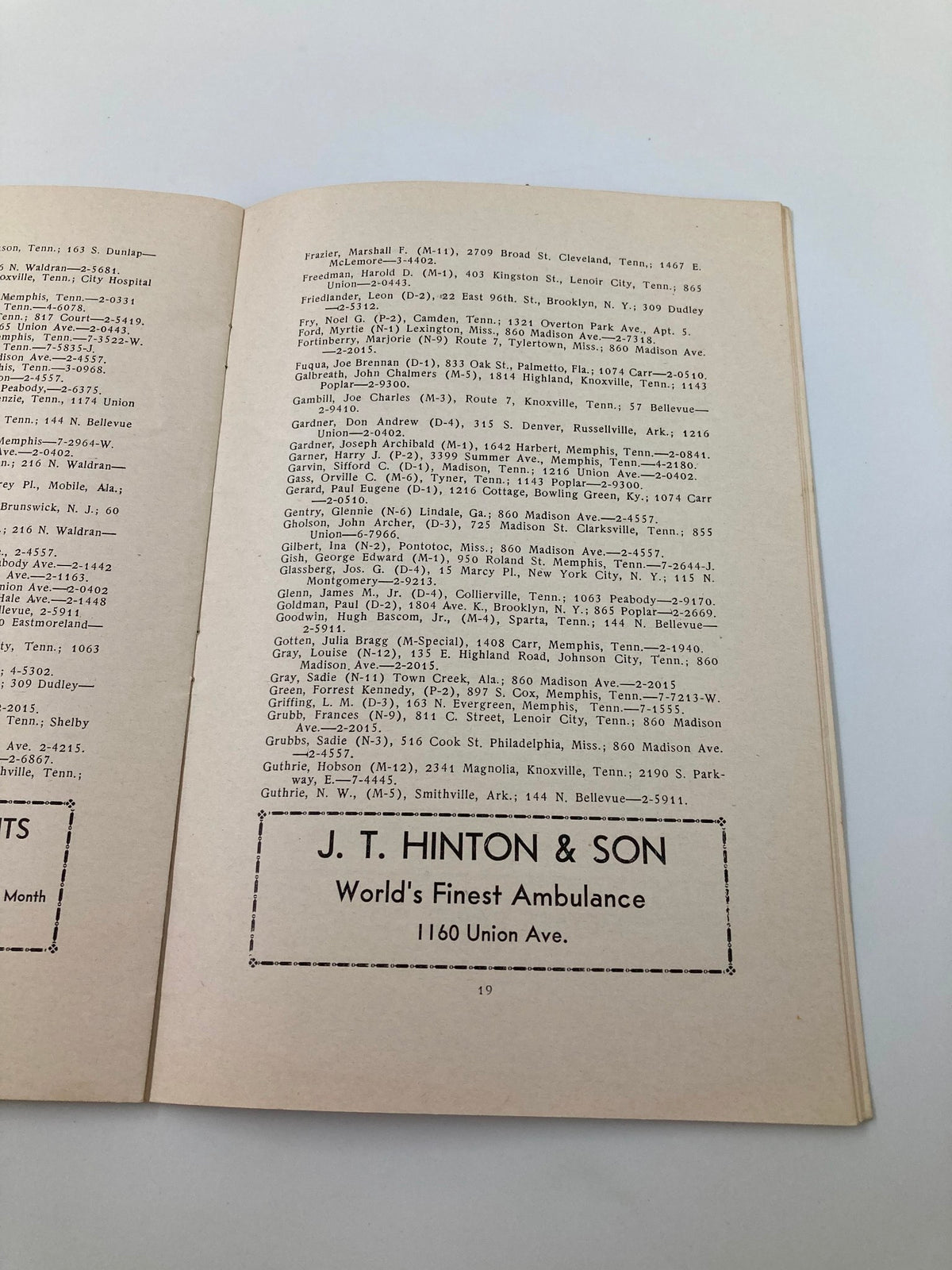 Detailed page from the 1932-1933 University of Tennessee Memphis Directory with a list of local contacts and services.