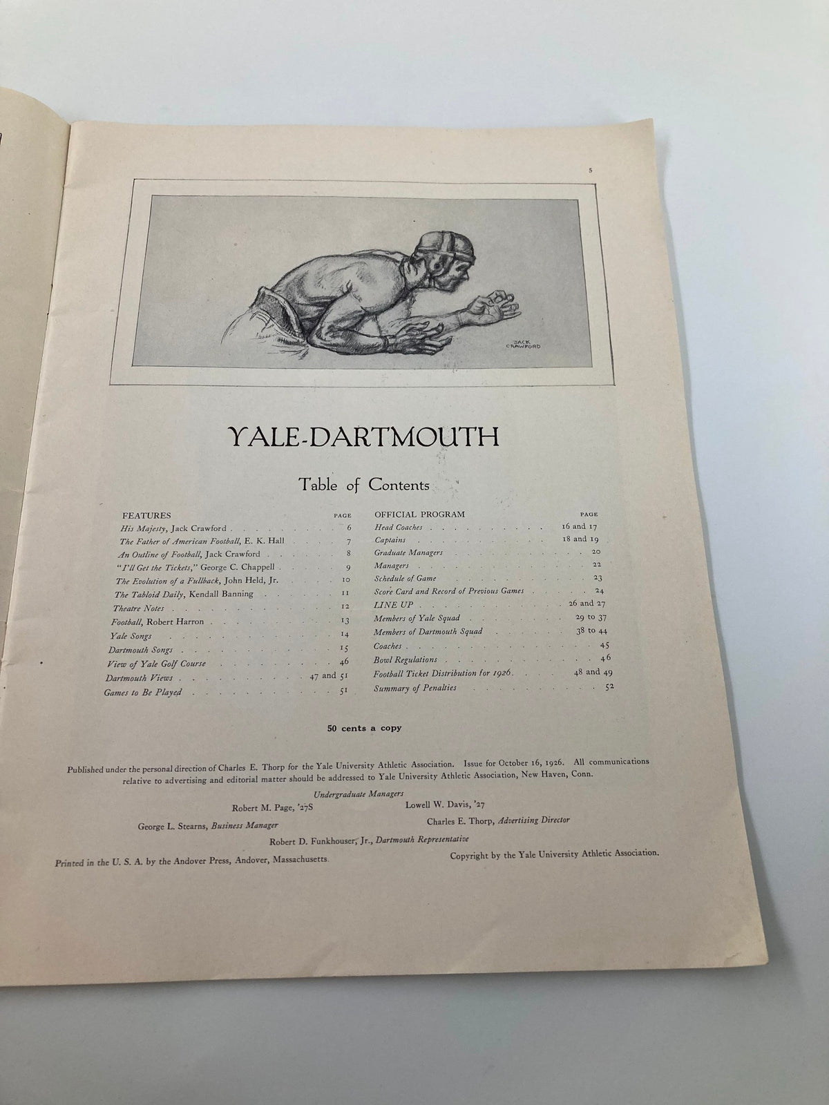 Inside page of the October 16 1926 College Football Yale vs Dartmouth Official Program showing the table of contents, featuring an illustration of a football player.