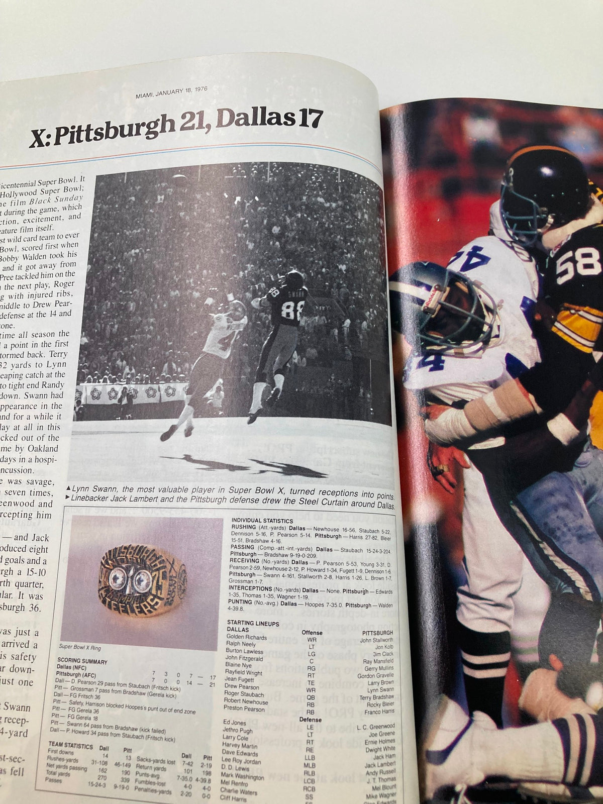 January 24 1982 AFC vs NFC NFL Championship Super Bowl XVI Official Program showing a historical image of Super Bowl X highlights with team statistics and key player information.