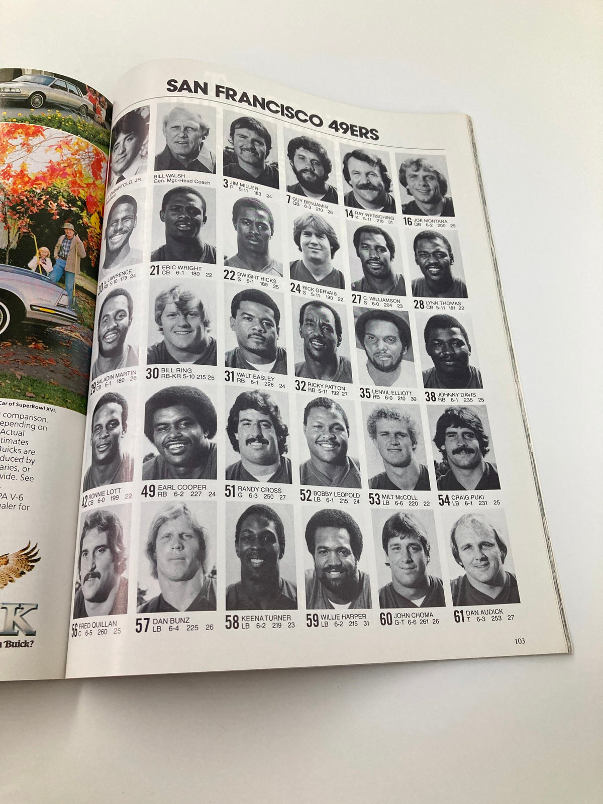 Team roster and player images from the San Francisco 49ers in the January 24, 1982 AFC vs NFC NFL Championship Super Bowl XVI Official Program.