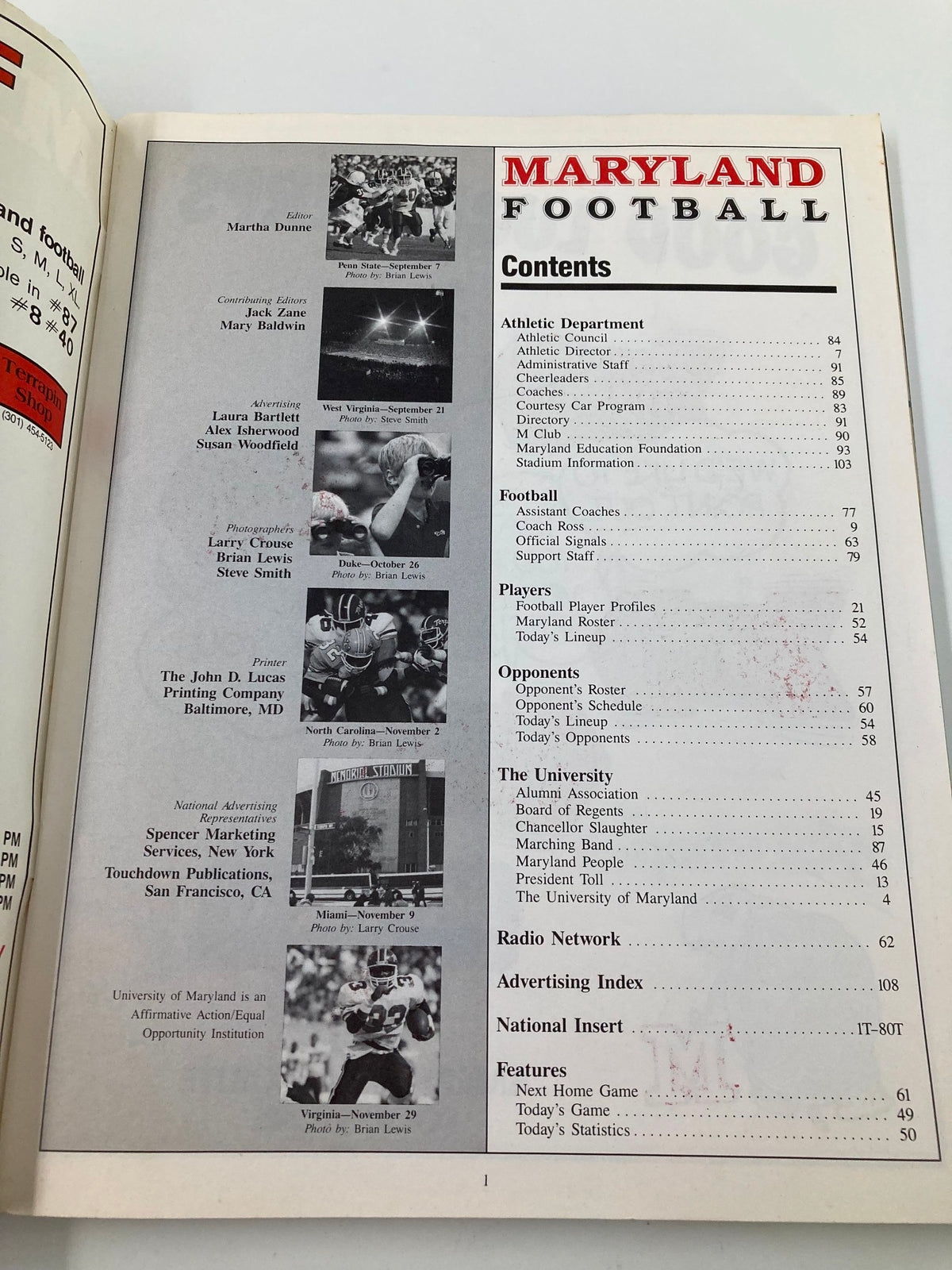 Contents page of the September 21, 1985 College Football Maryland vs West Virginia Official Program, listing sections including athletic department and opponent profiles.