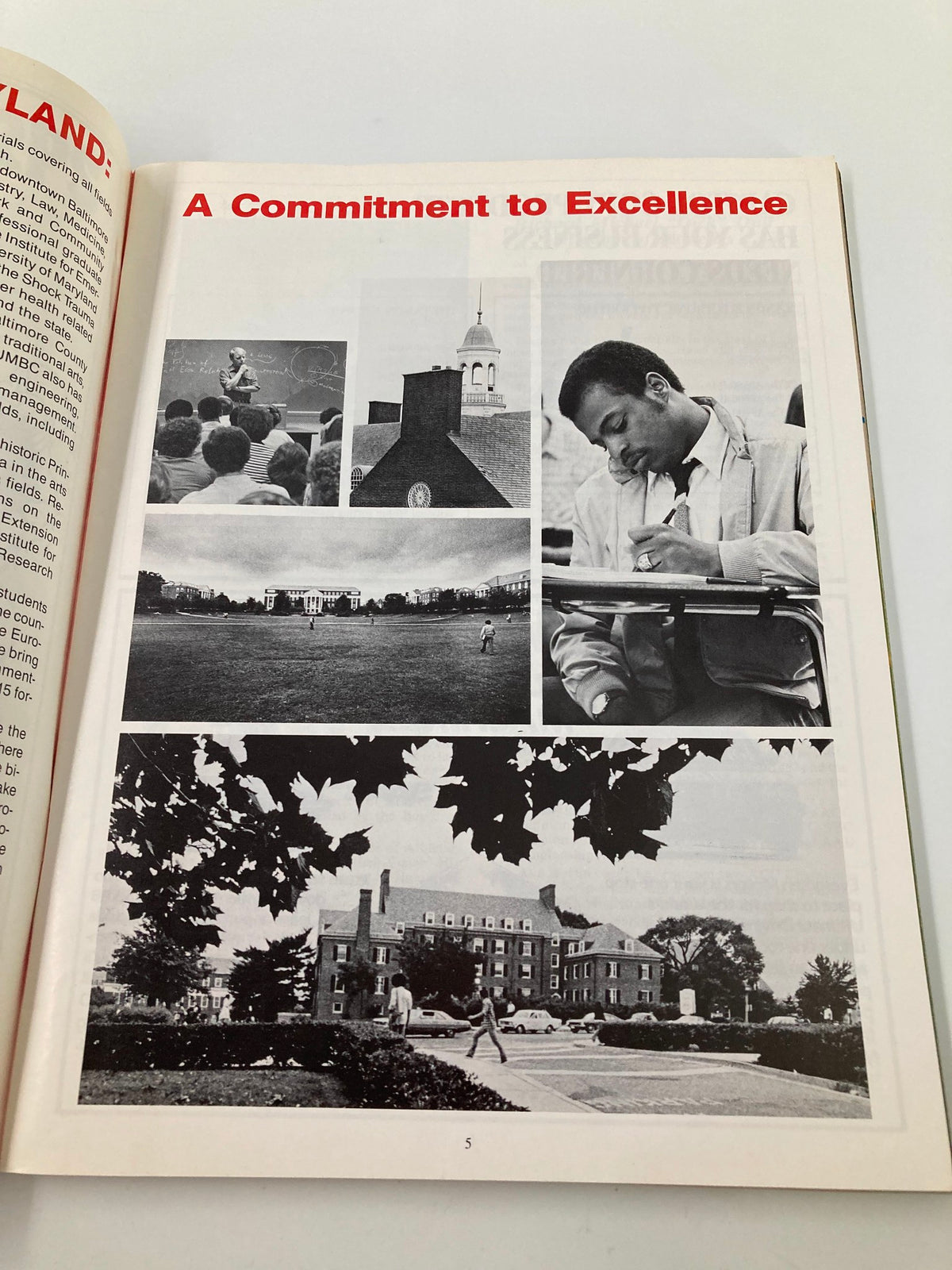 Page from the September 21, 1985 College Football Maryland vs West Virginia Official Program titled 'A Commitment to Excellence,' displaying a collage of university images and activities.