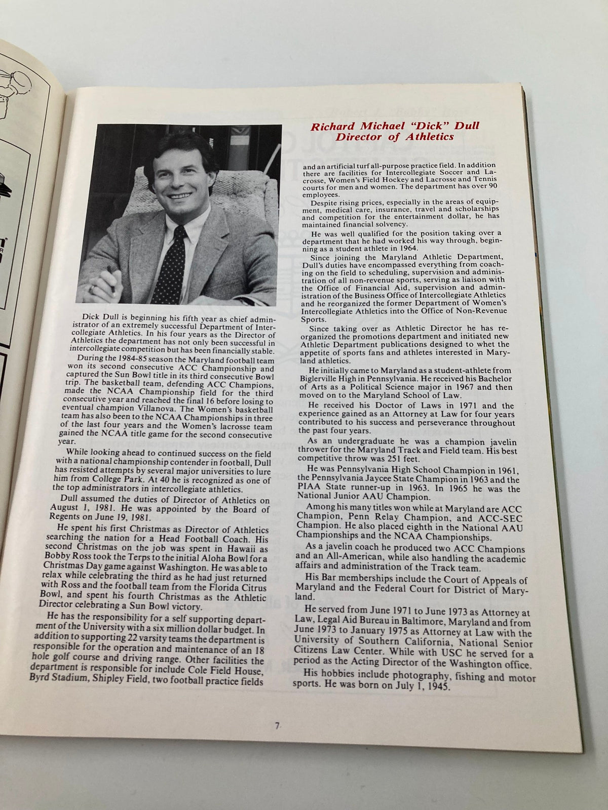 Page featuring Richard Michael 'Dick' Dull, Director of Athletics, from the September 21 1985 College Football Maryland vs West Virginia Official Program.