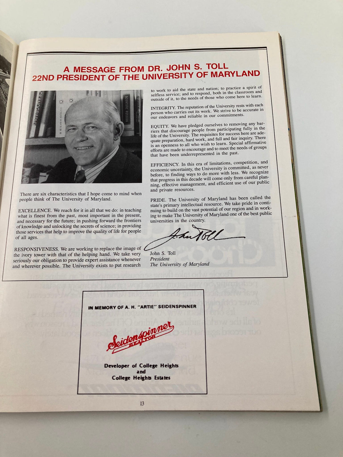 Message from Dr. John S. Toll, 22nd President of the University of Maryland, from the September 21 1985 College Football Maryland vs West Virginia Official Program.
