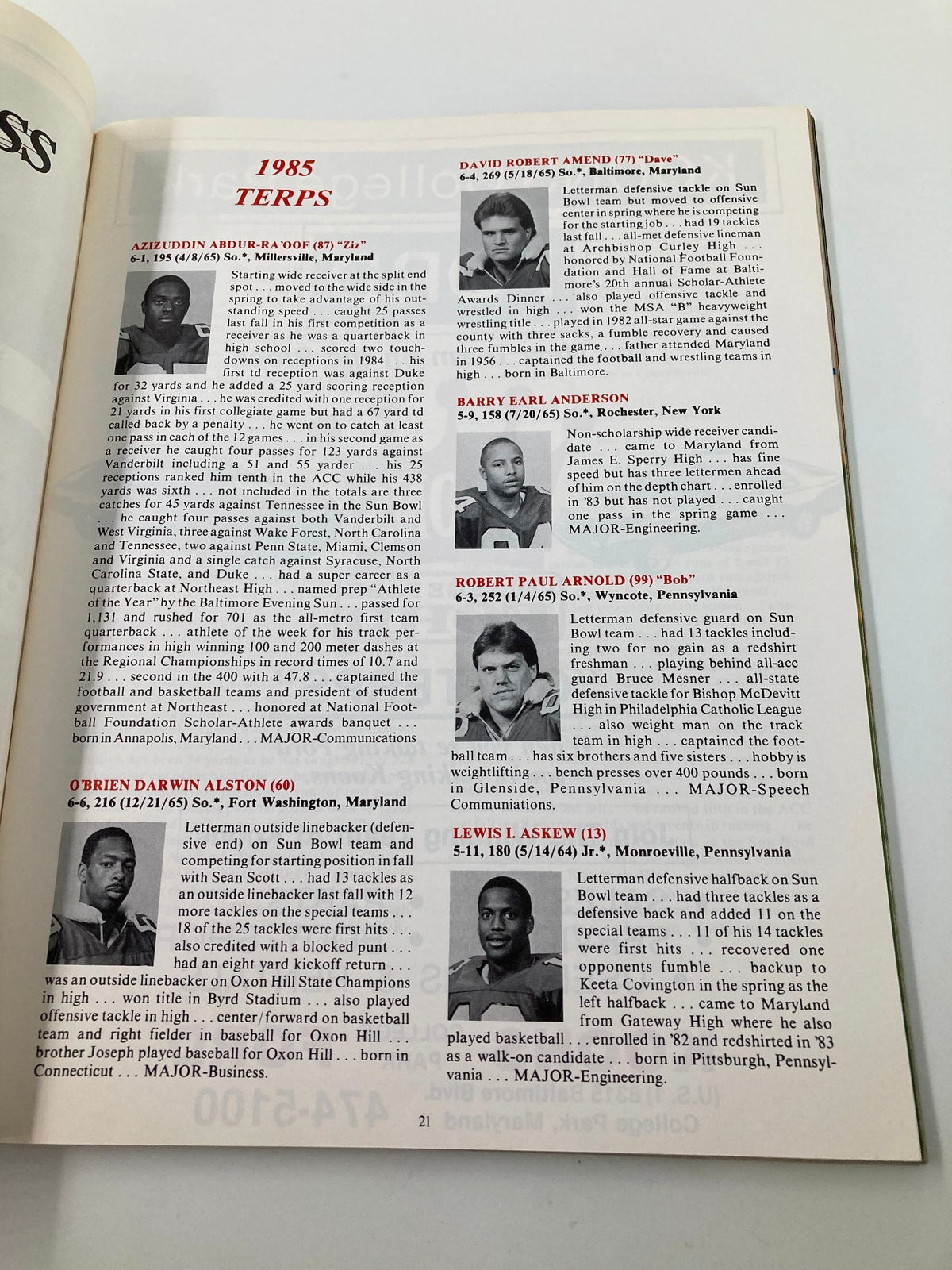 Roster information for 1985 Maryland Terrapins football players including academic achievements, from the September 21 1985 College Football Maryland vs West Virginia Official Program.