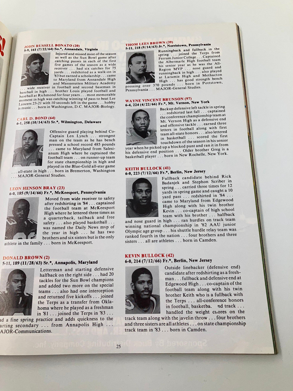 Continued roster of the 1985 Maryland Terrapins football players featuring personal and academic details, from the September 21 1985 College Football Maryland vs West Virginia Official Program.