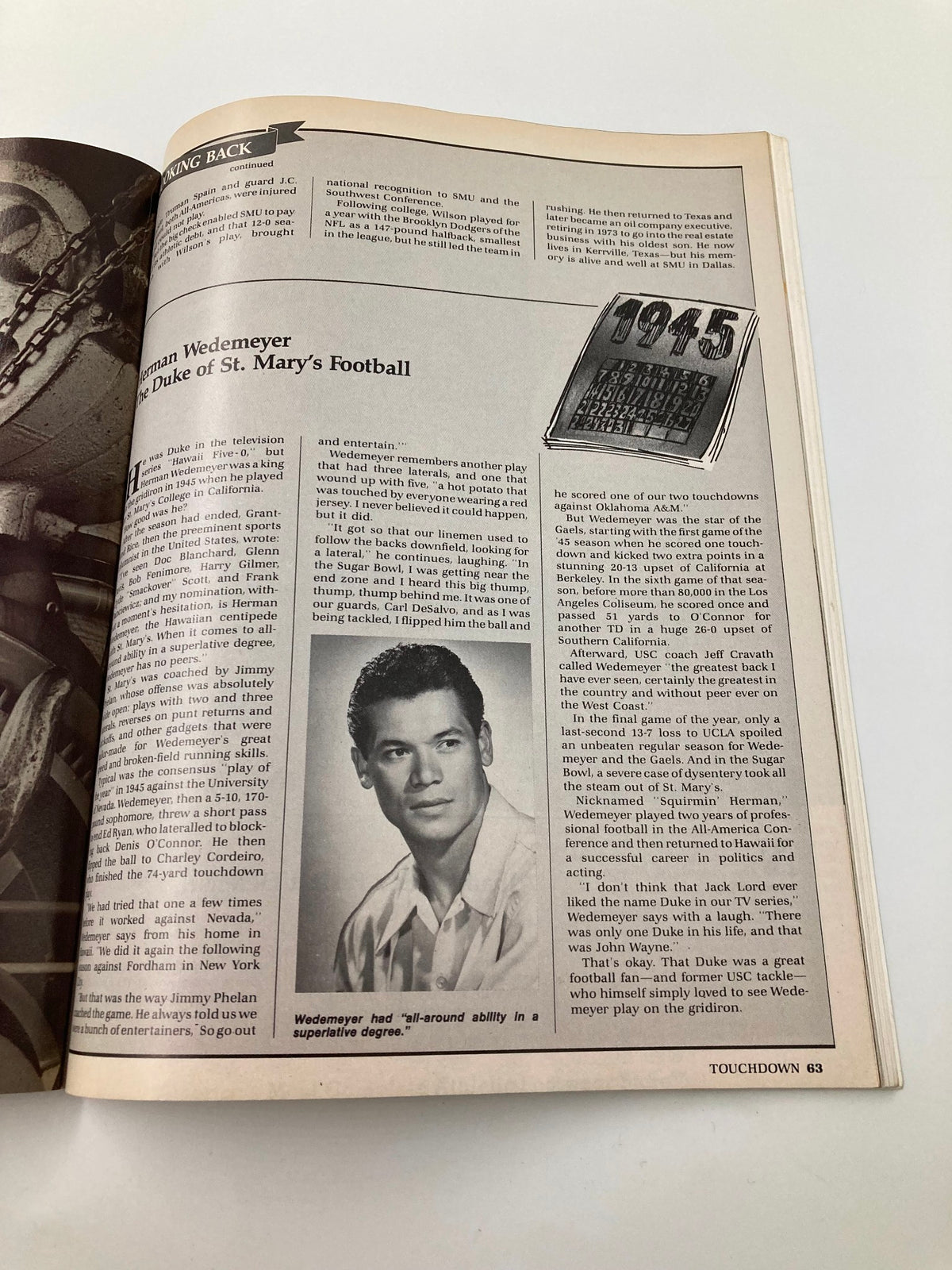 September 21 1985 College Football Maryland vs West Virginia Official Program page dedicated to former player Sherman Wedemeyer and his impact on St. Mary's football.