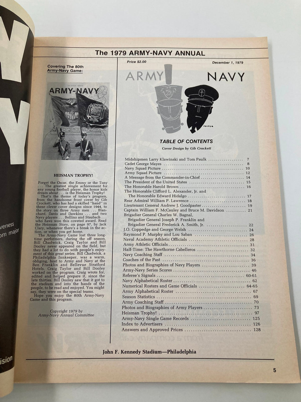 Inside page of the 1979 Football Army-Navy Annual Official Program showing the table of contents and details about the 80th Army-Navy game.