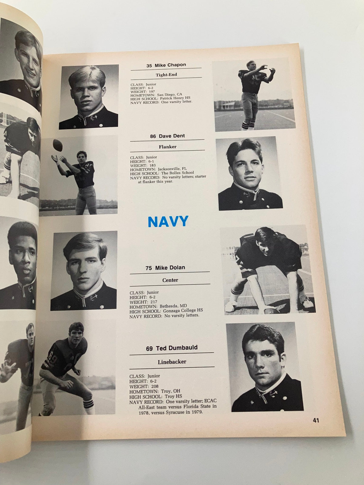 Team roster page of Navy football players with player statistics and images, included in the 1979 Football Army-Navy Annual: United States Military Academy Official Program.