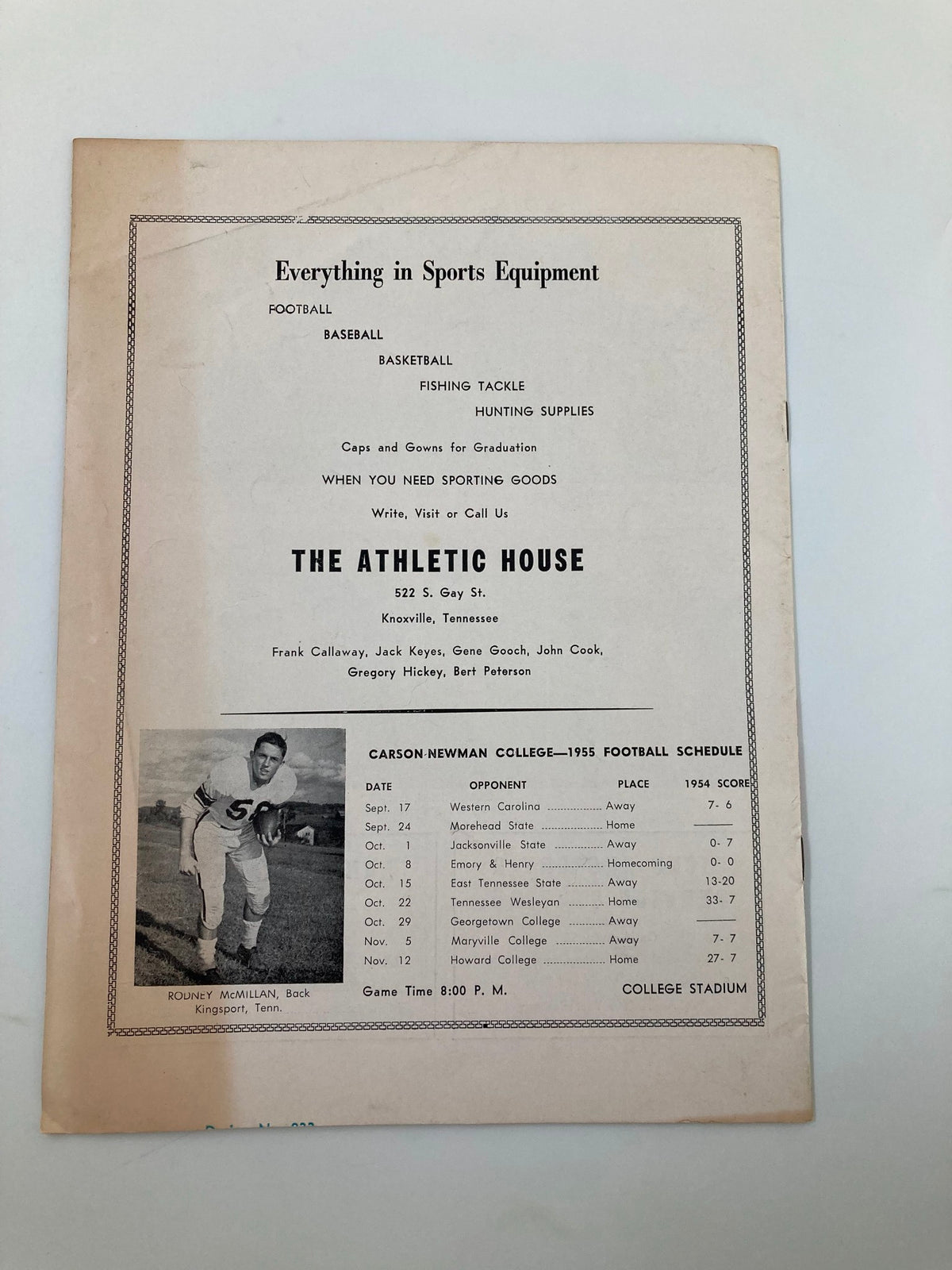 November 12 1955 Football Carson-Newman vs Howard College Official Program