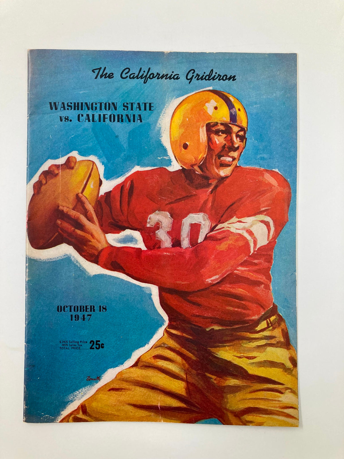 Cover of the October 18, 1947 Football Official Program for the game between Washington State and California, featuring a player in a yellow helmet and jersey.