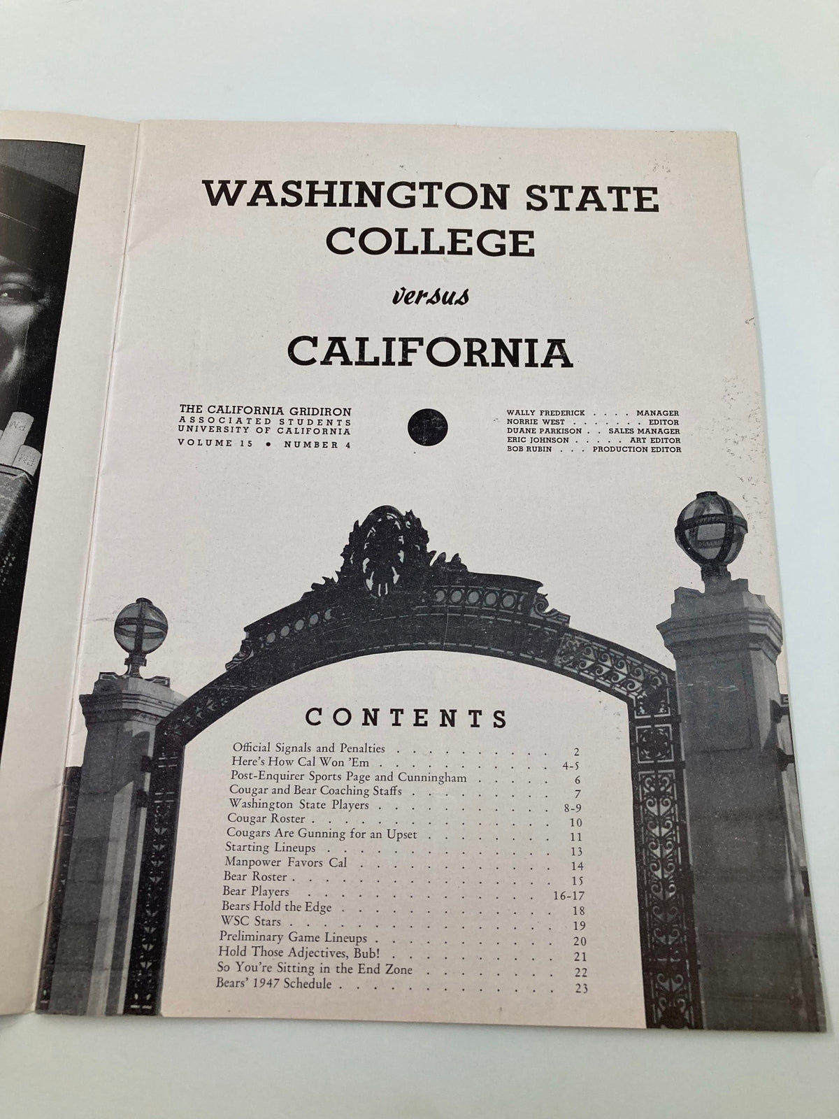 Interior page of the October 18, 1947 Football Official Program listing contents for the Washington State vs. California game.
