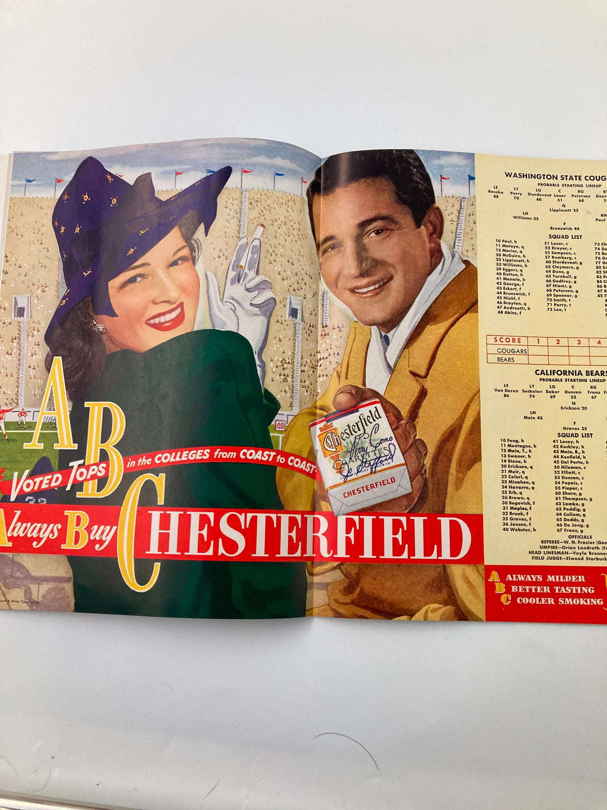 Advertisement page from the October 18, 1947 Football Washington State v California Gridiron Official Program promoting Chesterfield cigarettes with a vintage design.