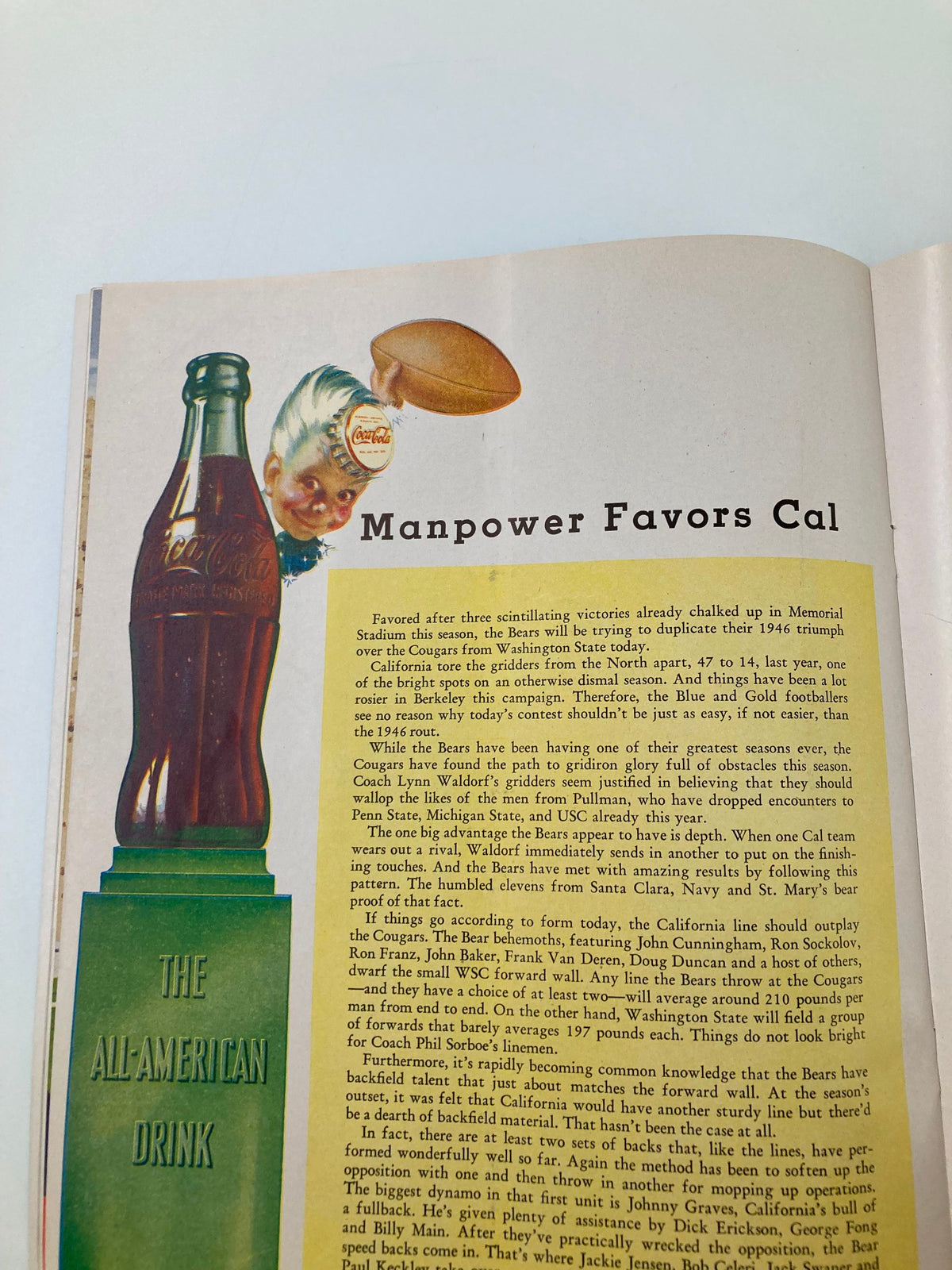 October 18, 1947 Football Official Program featuring a vintage Coca-Cola advertisement and a football player, showcasing the theme 'Manpower Favors Cal'.