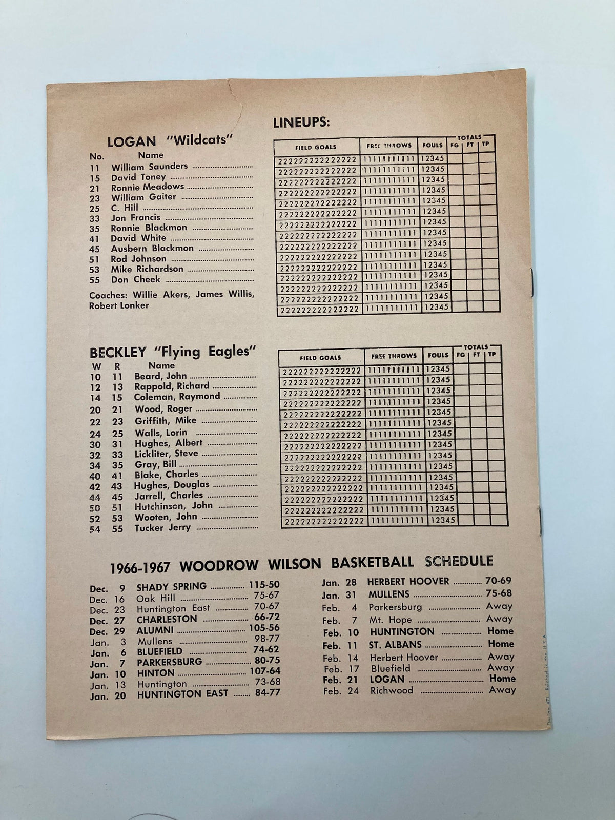 Lineup page of the February 21, 1967 Beckley Flying Eagles vs Logan Wildcats Basketball Program including player statistics and season schedule.