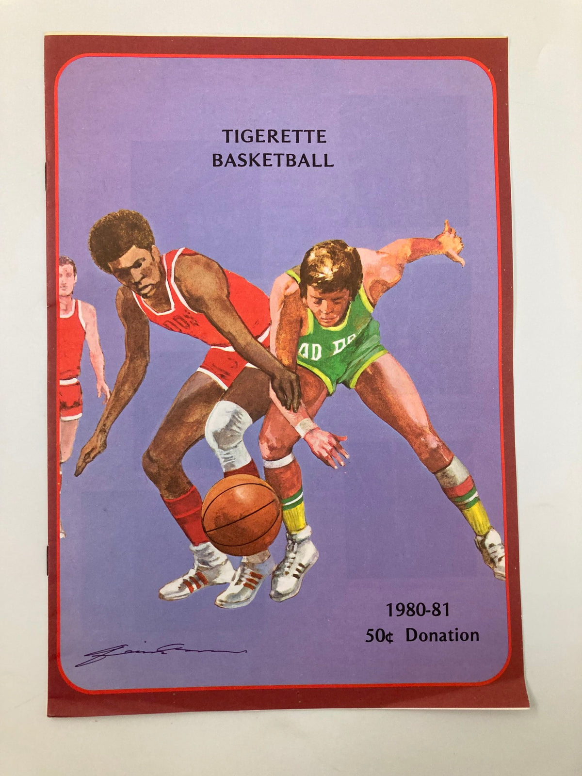 Cover of the 1980-1981 College Tigerette Basketball Official Program featuring vibrant artwork depicting players in action during a basketball game.