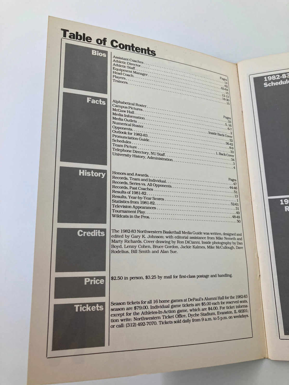 Table of contents from the 1982-1983 Northwestern Wildcat Basketball Media Guide outlining sections on bios, facts, history, and more.