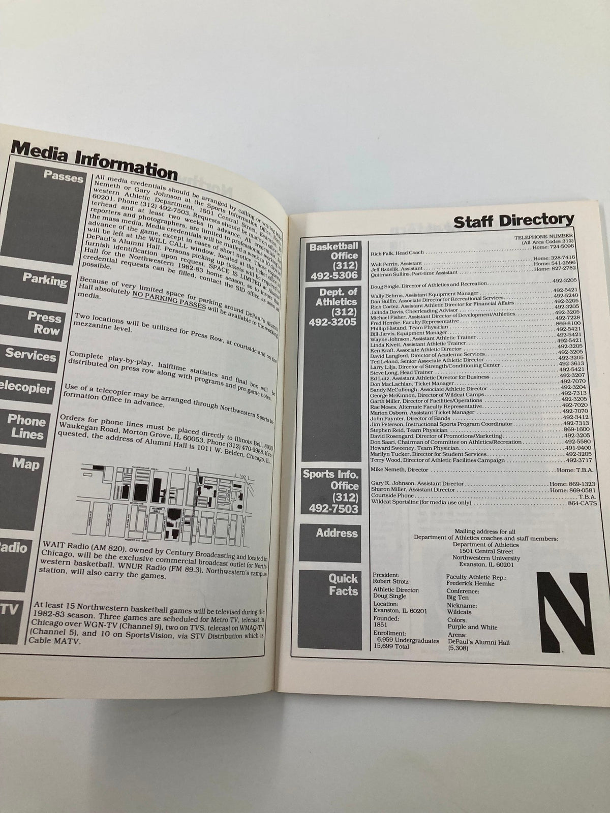 Media information including passes, parking, and contact details from the 1982-1983 Northwestern Wildcat Basketball Media Guide.
