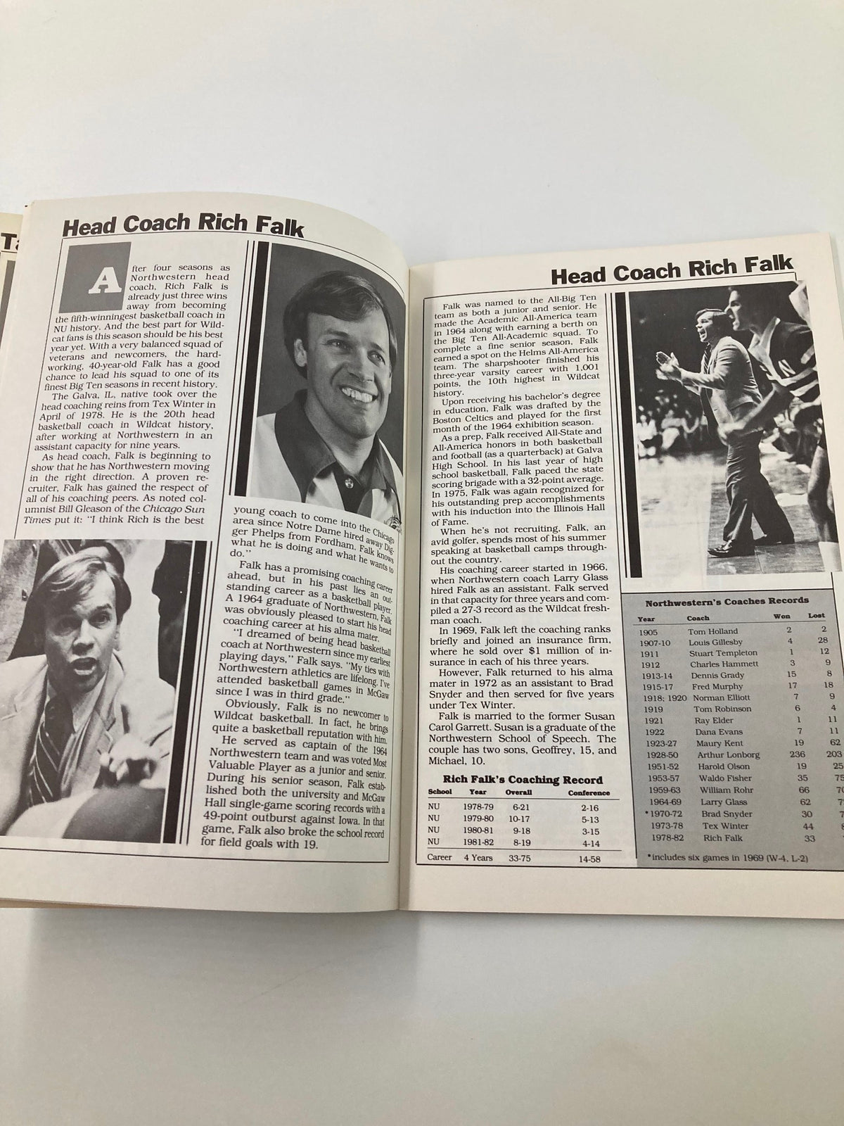 Profile of Head Coach Rich Falk in the 1982-1983 Northwestern Wildcat Basketball Media Guide, including coaching record and biography.