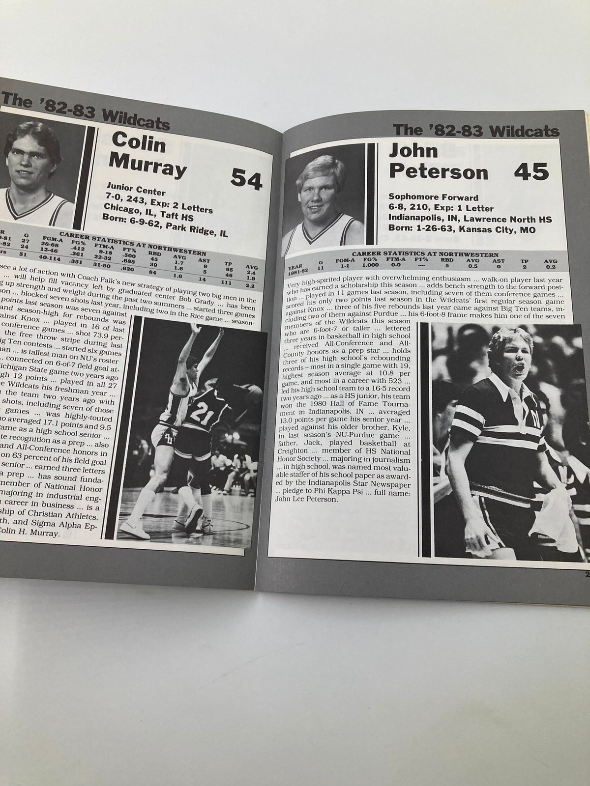 1982-1983 Northwestern Wildcat Basketball Media Guide featuring player profiles of Colin Murray and John Peterson with statistics and career highlights.