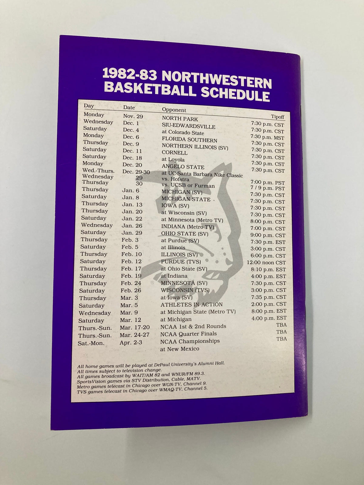1982-1983 Northwestern Wildcat Basketball Media Guide cover showing the basketball schedule for the 1982-83 season with opponents and game times.