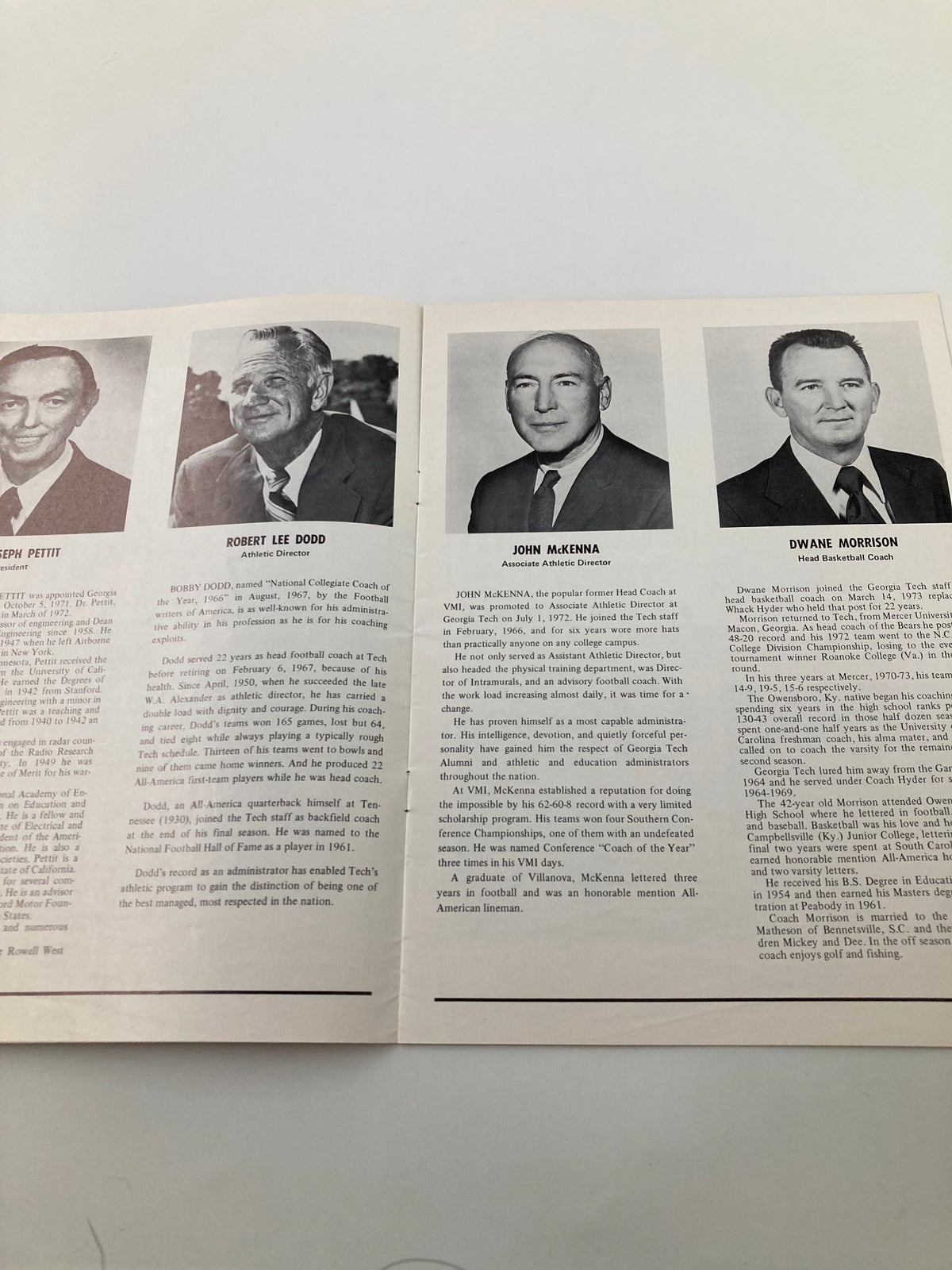 Official program for the January 10, 1974 Georgia Tech vs St. Bernard College Basketball game showcasing coaches and key figures involved.
