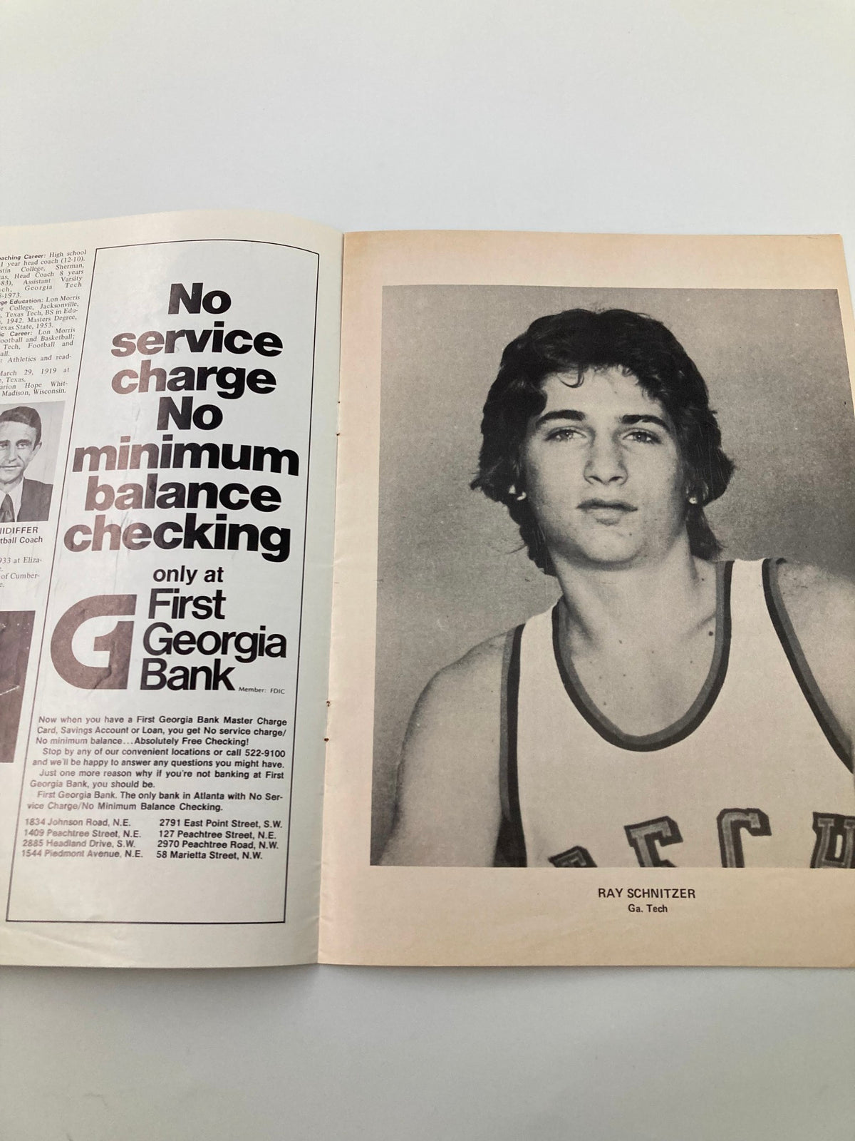 Image from the January 10, 1974 Georgia Tech vs St. Bernard College Basketball program featuring an advertisement and a player named Ray Schnitzer.
