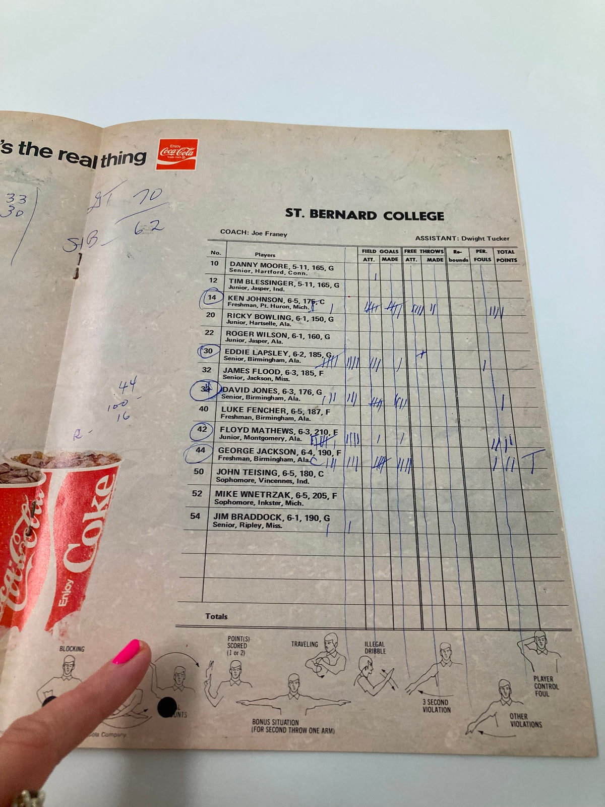 Statistics page from the January 10, 1974 Georgia Tech vs St. Bernard College Basketball program detailing player points and team performance.