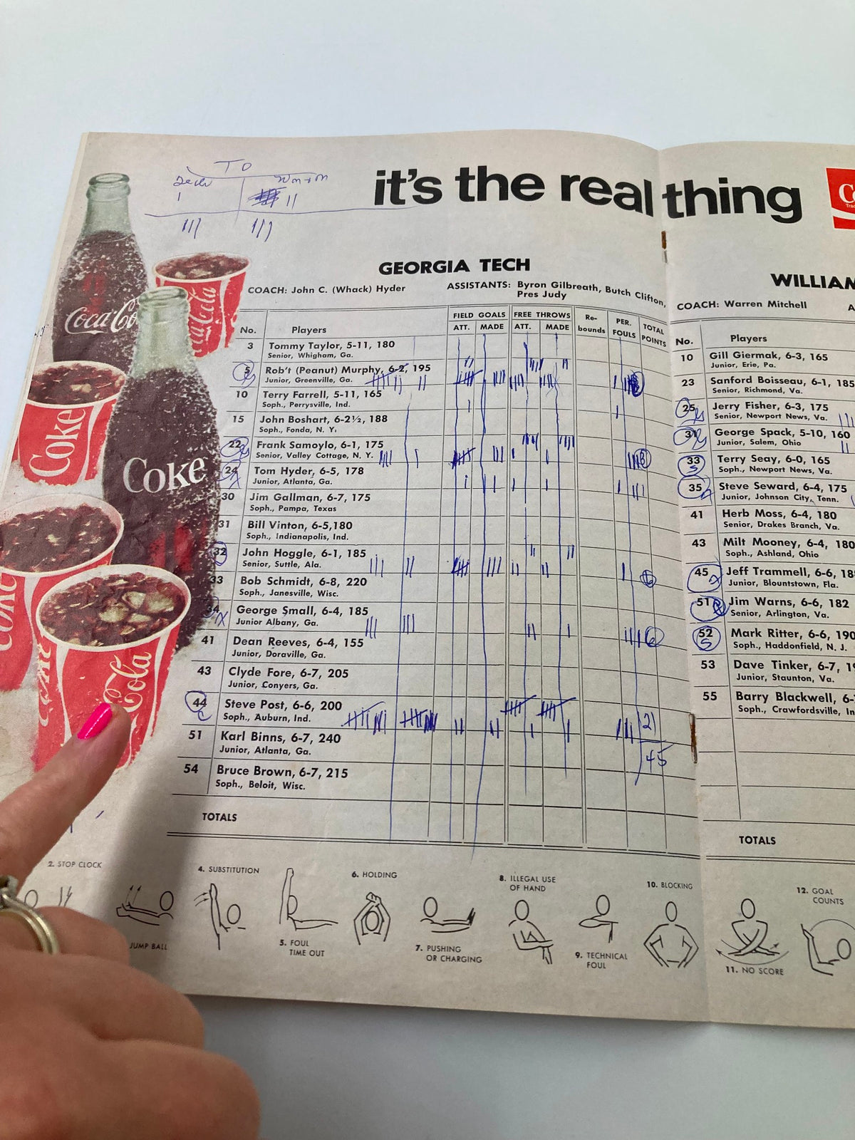 Page showing the Georgia Tech team roster and game statistics from the December 20 1971 Georgia Tech vs William and Mary Basketball Official Program.