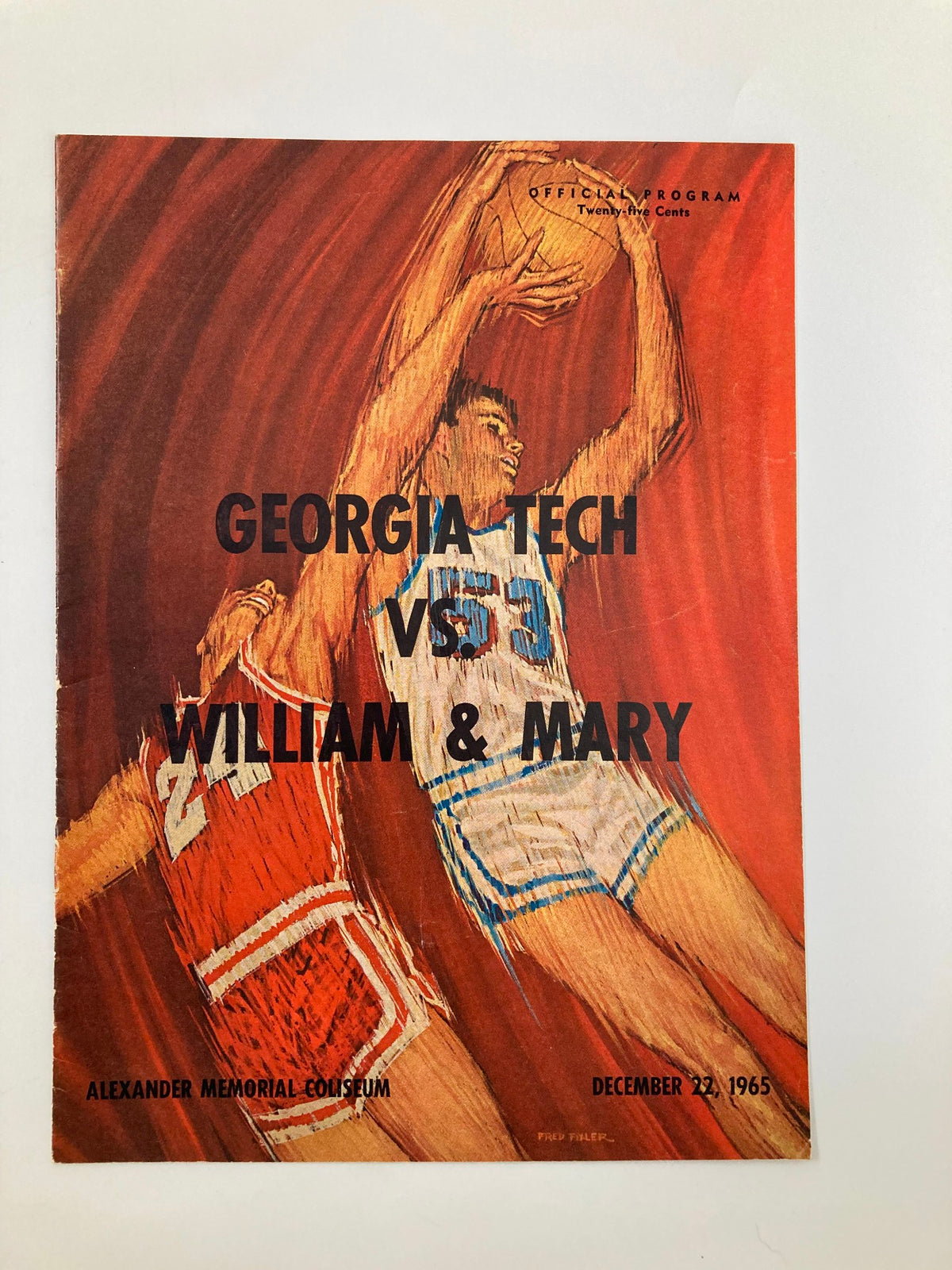 Cover of the official program for the December 22, 1965 Georgia Tech vs William & Mary basketball game featuring a dynamic illustration of two players competing.