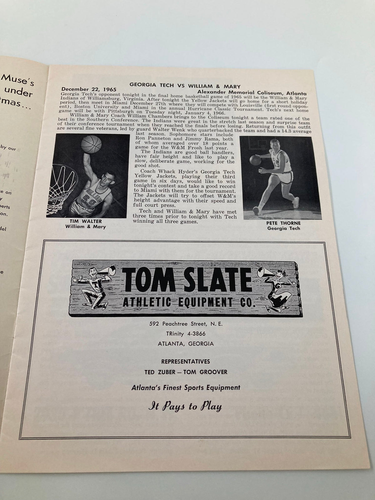 Interior page of the official program for the December 22, 1965 Georgia Tech vs William & Mary basketball game, displaying photos and advertisements relevant to the event.