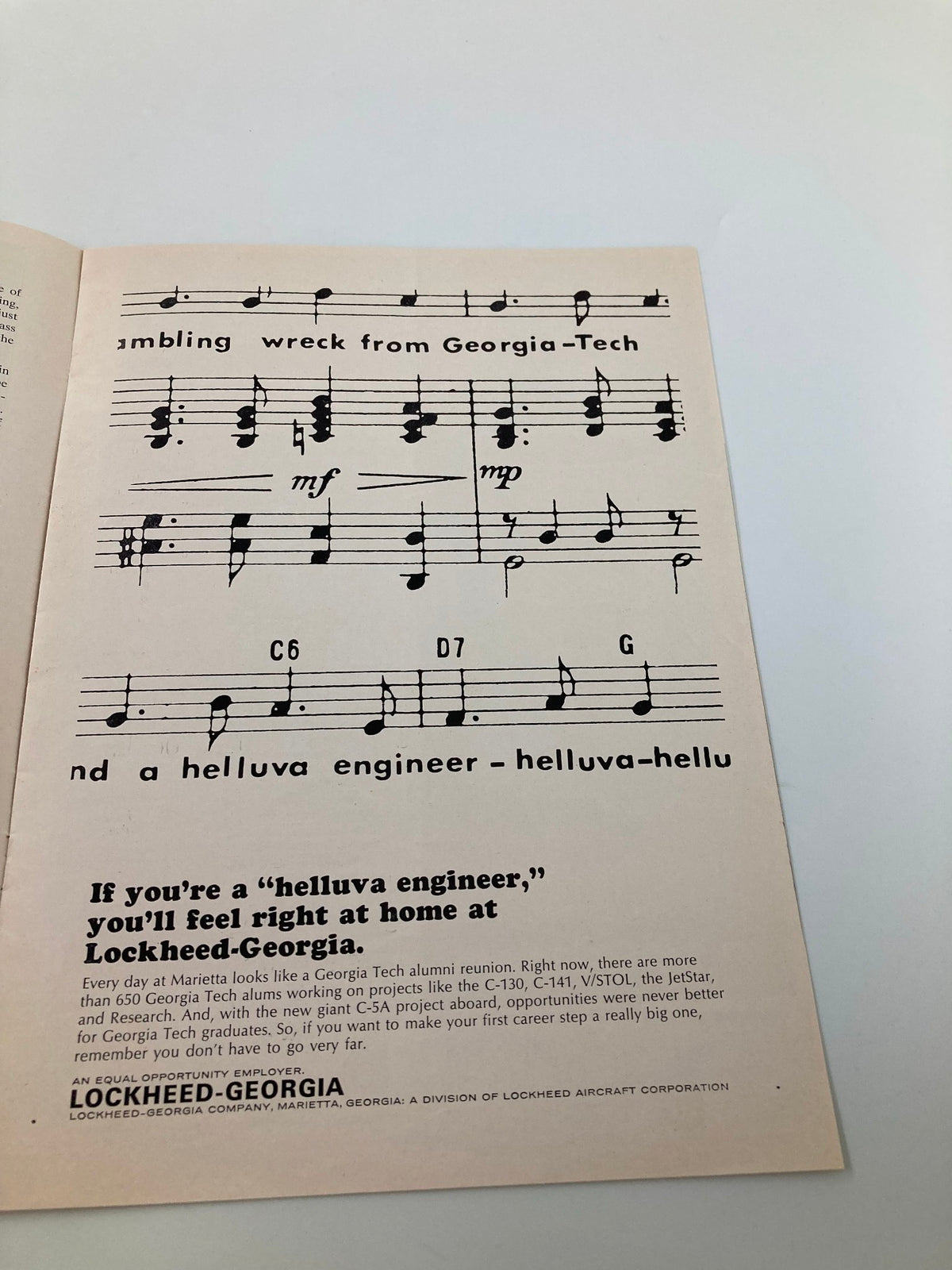 Interior page from the December 22 1965 Georgia Tech vs William & Mary Basketball Official Program featuring musical notes and a 'helluva engineer' slogan from Lockheed Georgia.