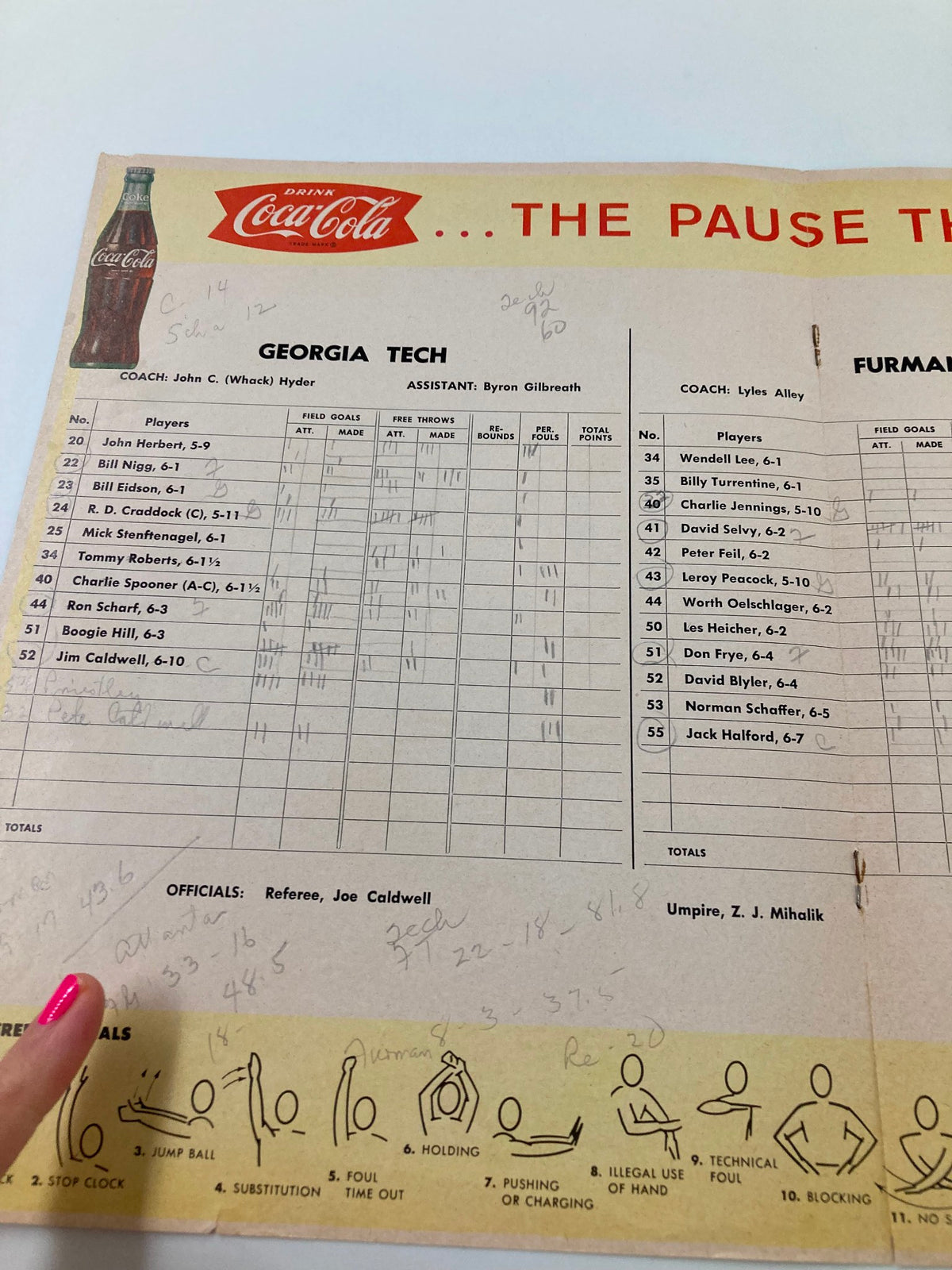 Game statistics page of the December 4 1963 Georgia Tech vs Furman Basketball Official Program featuring player statistics and coaching staff.
