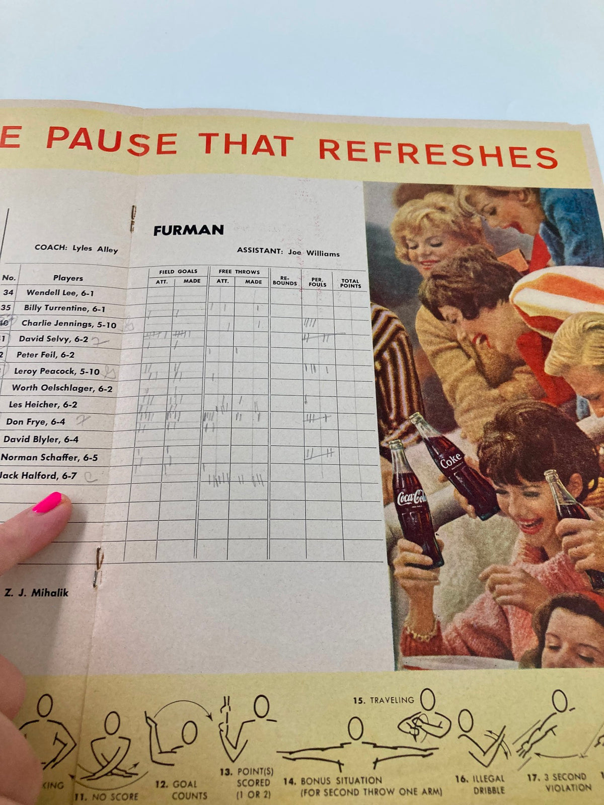 Furman team statistics and player details from the December 4 1963 Georgia Tech vs Furman Basketball Official Program.