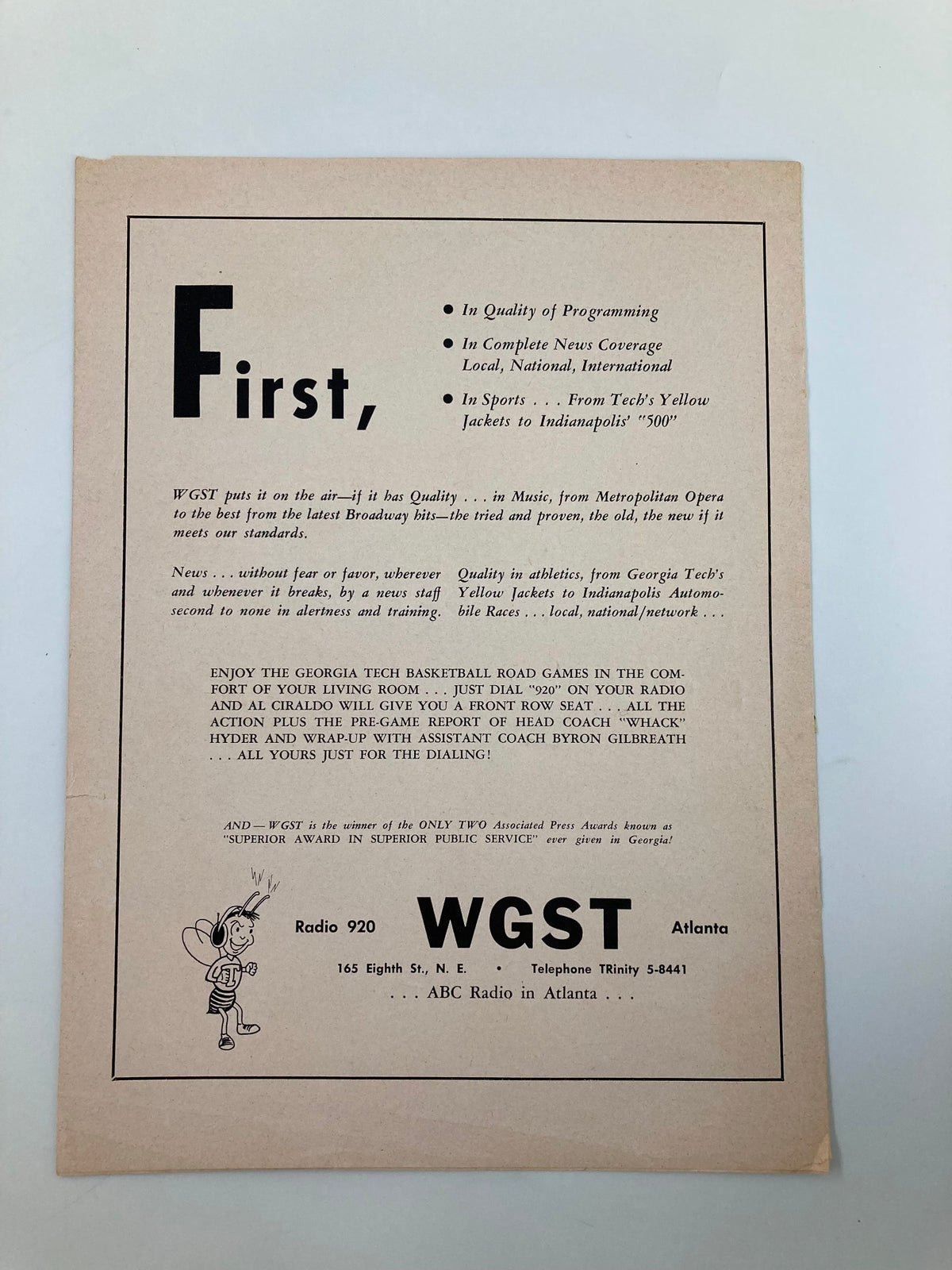 Promotional page from the December 4 1963 Georgia Tech vs Furman Basketball Official Program highlighting radio broadcast information.