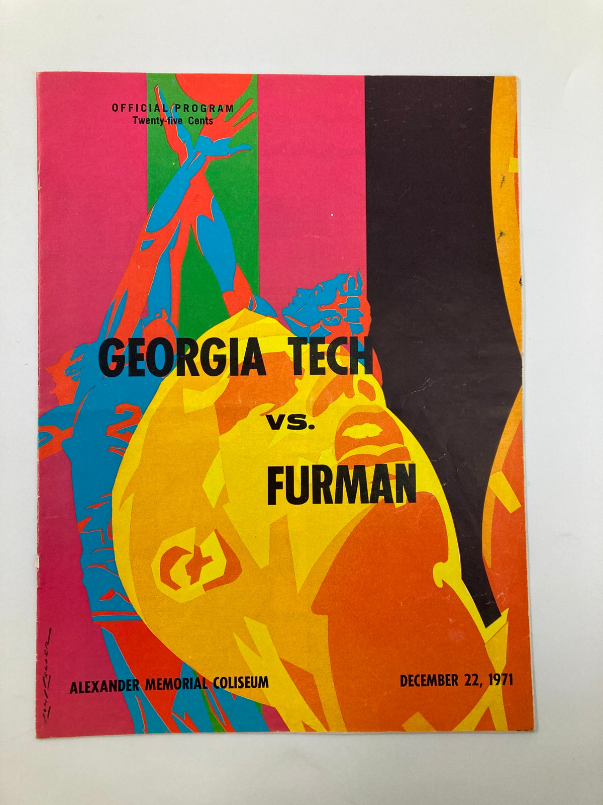 Official program for the December 22, 1971 basketball game between Georgia Tech and Furman, featuring vibrant graphics representative of the era.