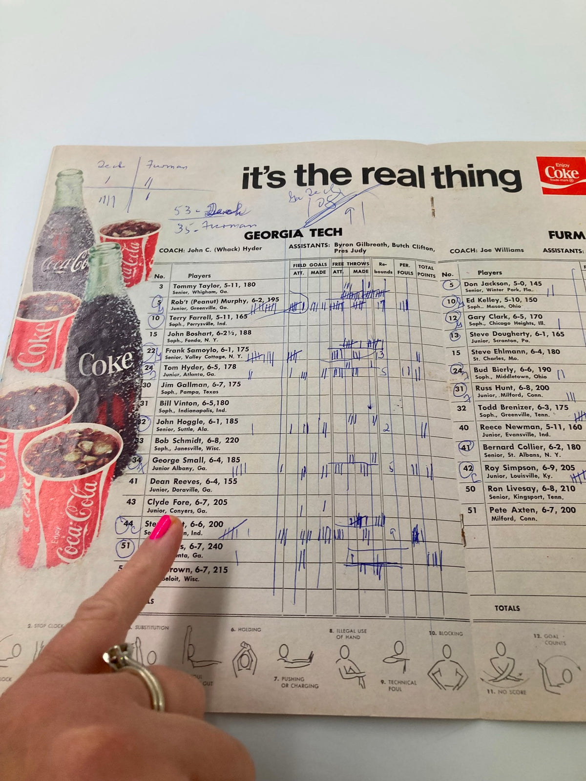 Statistics page of the December 22 1971 Georgia Tech vs Furman Basketball Official Program, filled with handwritten notes and player stats.