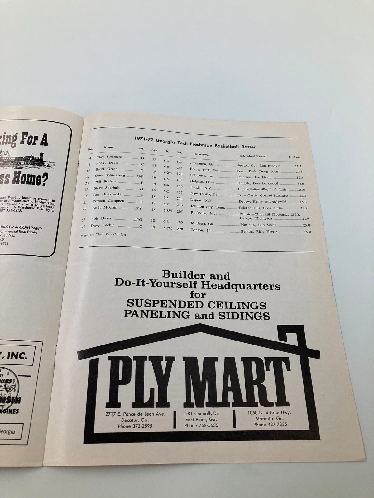 Another inside page of the December 22 1971 Georgia Tech vs Furman Basketball Official Program displaying the Georgia Tech Freshman Basketball Roster.