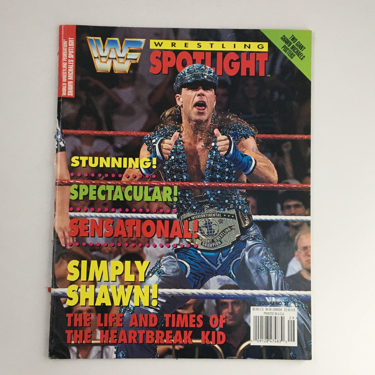 WWF Wrestling Spotlight Magazine 1995, Volume 27 featuring Shawn Michaels on the cover, showcasing his iconic wrestling persona with bold headlines including 'Stunning!', 'Spectacular!', and 'Simply Shawn!'. This vintage magazine is a must-have for wrestling fans and collectors.