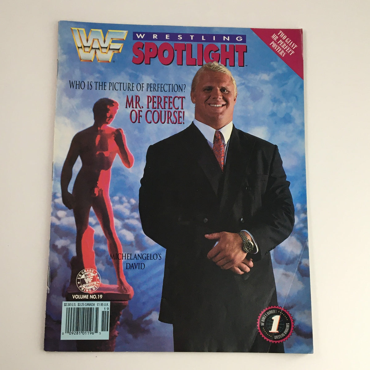 Cover of WWF Wrestling Spotlight Magazine 1993 Vol 19 featuring Curt Hennig in a suit with a background depicting Michelangelo's David statue, highlighting the phrase 'Mr. Perfect of Course!'.