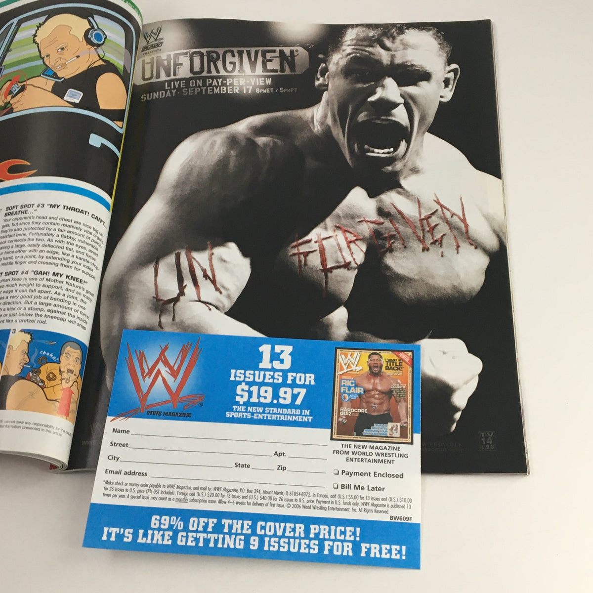 WWE Magazine September 2006 cover of Unforgiven event with a promotional payment form for subscriptions to WWE Magazine.