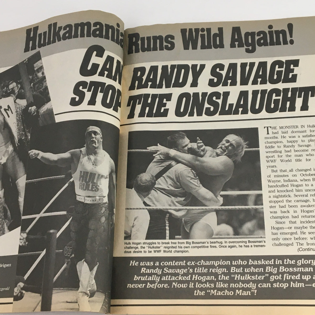 Two-page spread from The Wrestler Magazine April 1989 highlighting Hulk Hogan and Randy Savage, discussing Hulkamania and the rivalry with visual action shots.