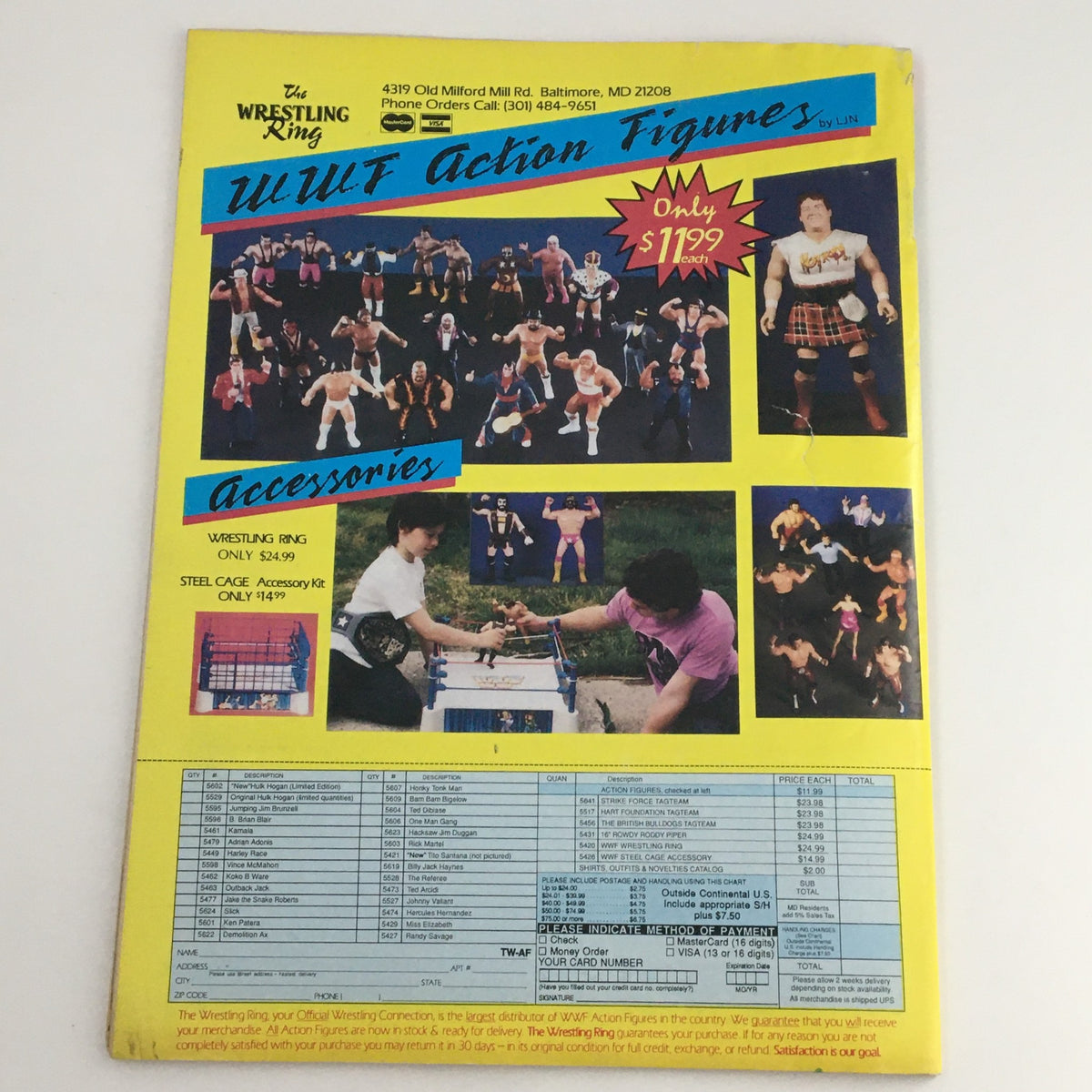 Back cover of The Wrestler Magazine April 1989 promoting UWF action figures, featuring a colorful layout with wrestling merchandise and pricing.