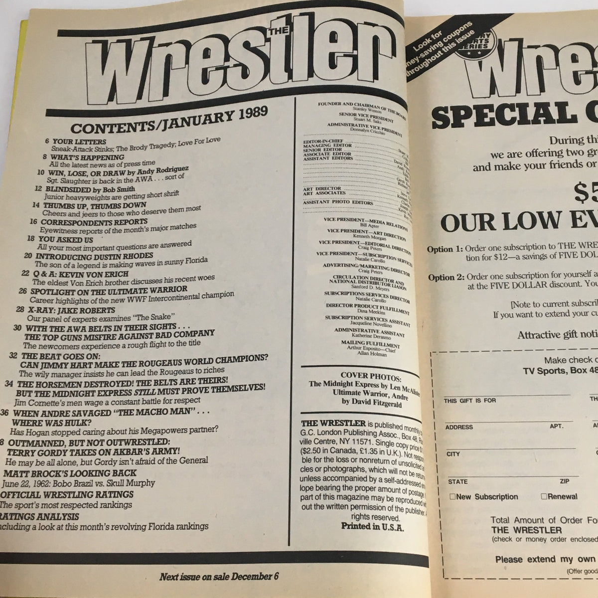 Contents page of The Wrestler Magazine, January 1989, listing articles and features including Andre The Giant, Macho Man Randy Savage, and wrestling event coverage.