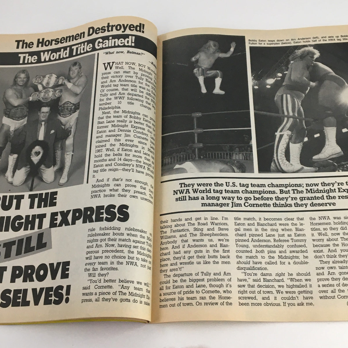 An inside page of The Wrestler Magazine January 1989 showcasing a feature on The Midnight Express and the NWA tag team championship, highlighting key wrestling personalities.