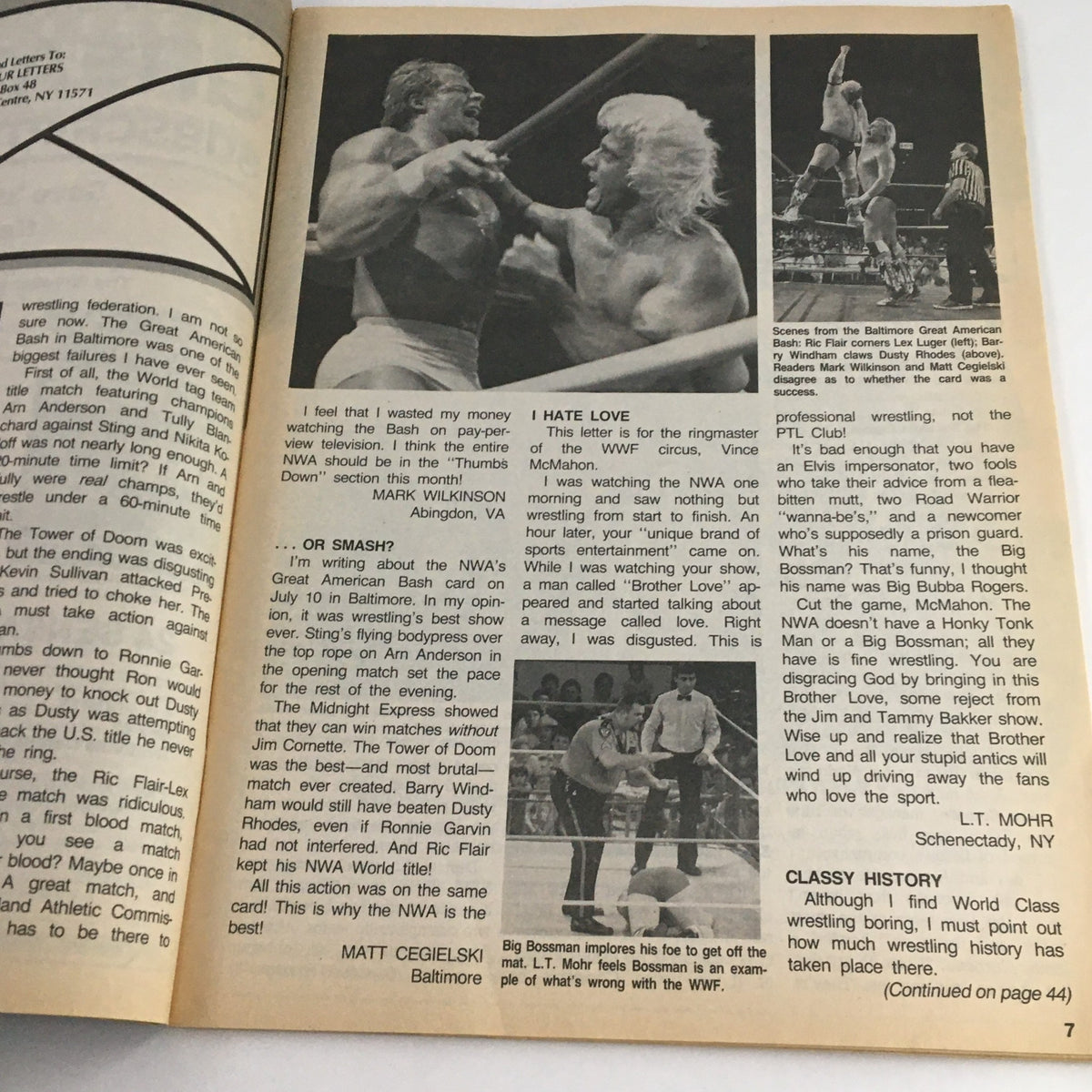 Interior page of The Wrestler Magazine, November 1988 showing wrestling action and reader letters discussing wrestling events.