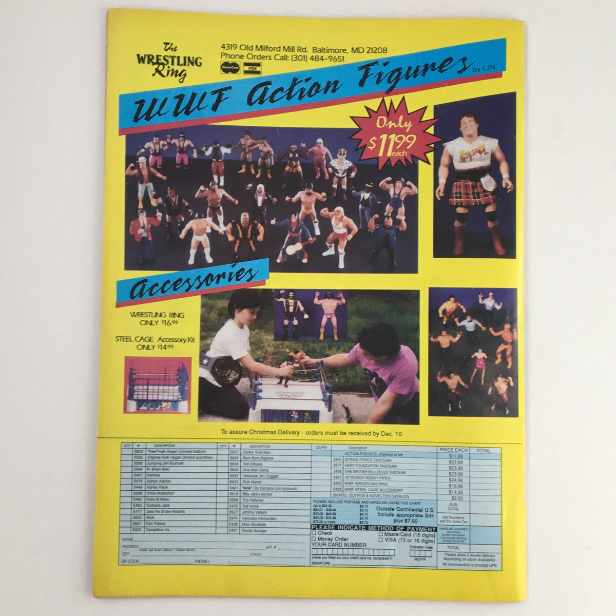 Back cover of The Wrestler Magazine November 1988 showcasing an advertisement for wrestling action figures and accessories, featuring colorful images and pricing details.