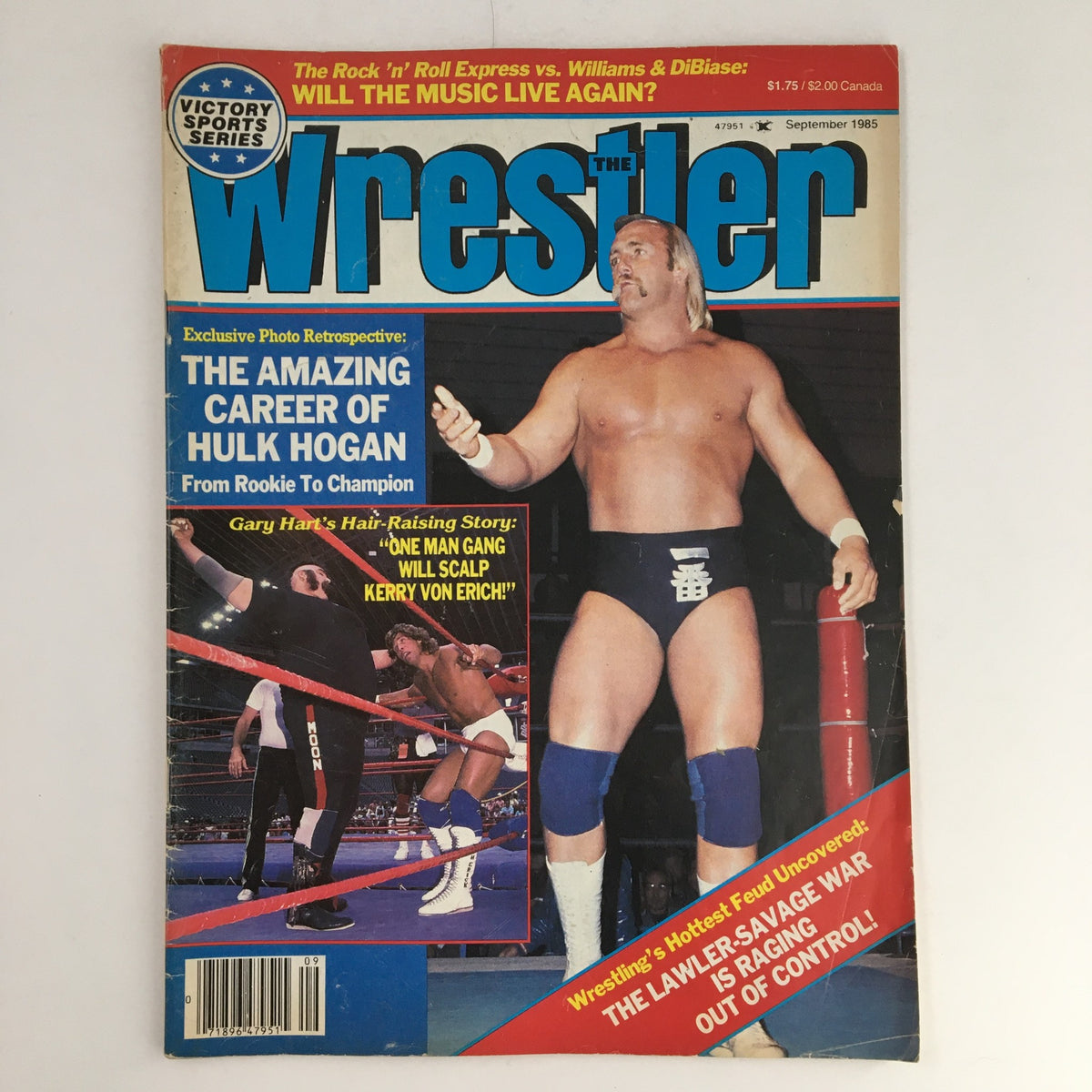 The Wrestler Magazine September 1985 featuring Hulk Hogan on the cover, highlighting his career from rookie to champion. The magazine includes vivid wrestling graphics, showcasing prominent figures and themes of the era.