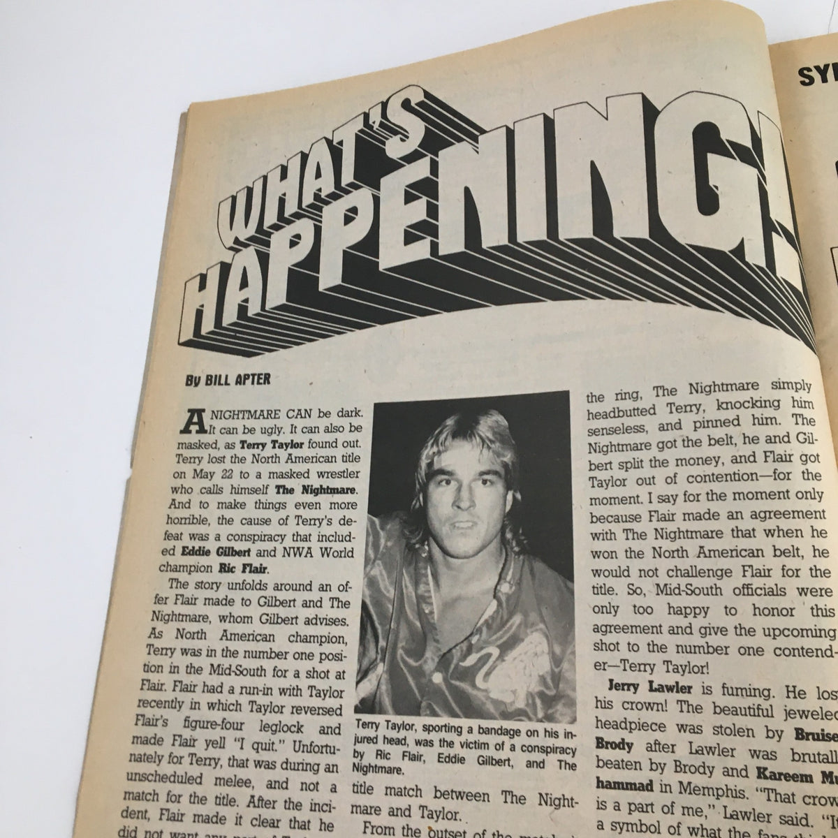 The Wrestler Magazine September 1985 cover featuring an article titled 'What's Happening!' by Bill Apter, detailing the professional wrestling scene with an image of wrestler Terry Taylor.