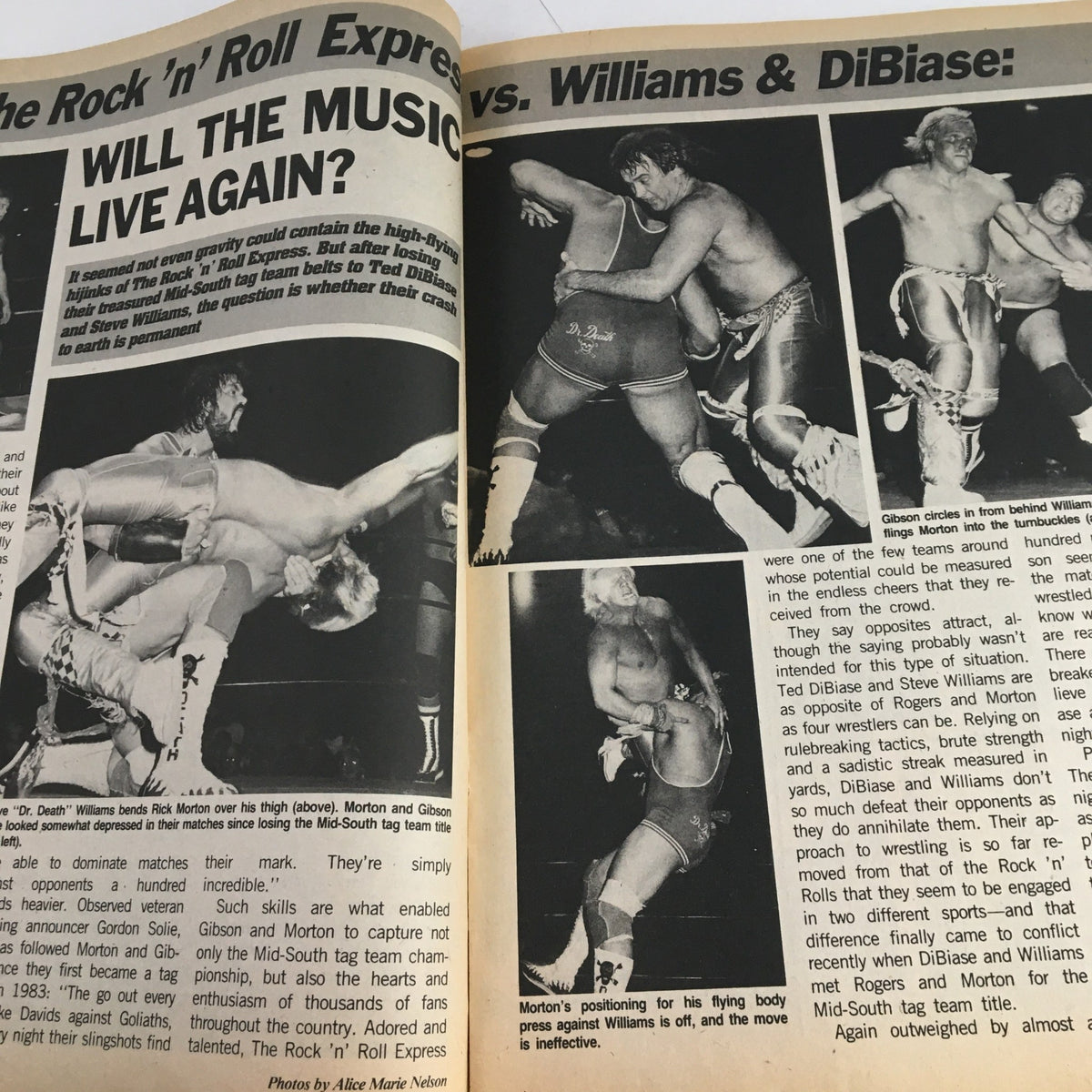 A dynamic action shot from The Wrestler Magazine September 1985 depicting a wrestling tag team match between The Rock 'n' Roll Express and their opponents, showcasing high-flying maneuvers.